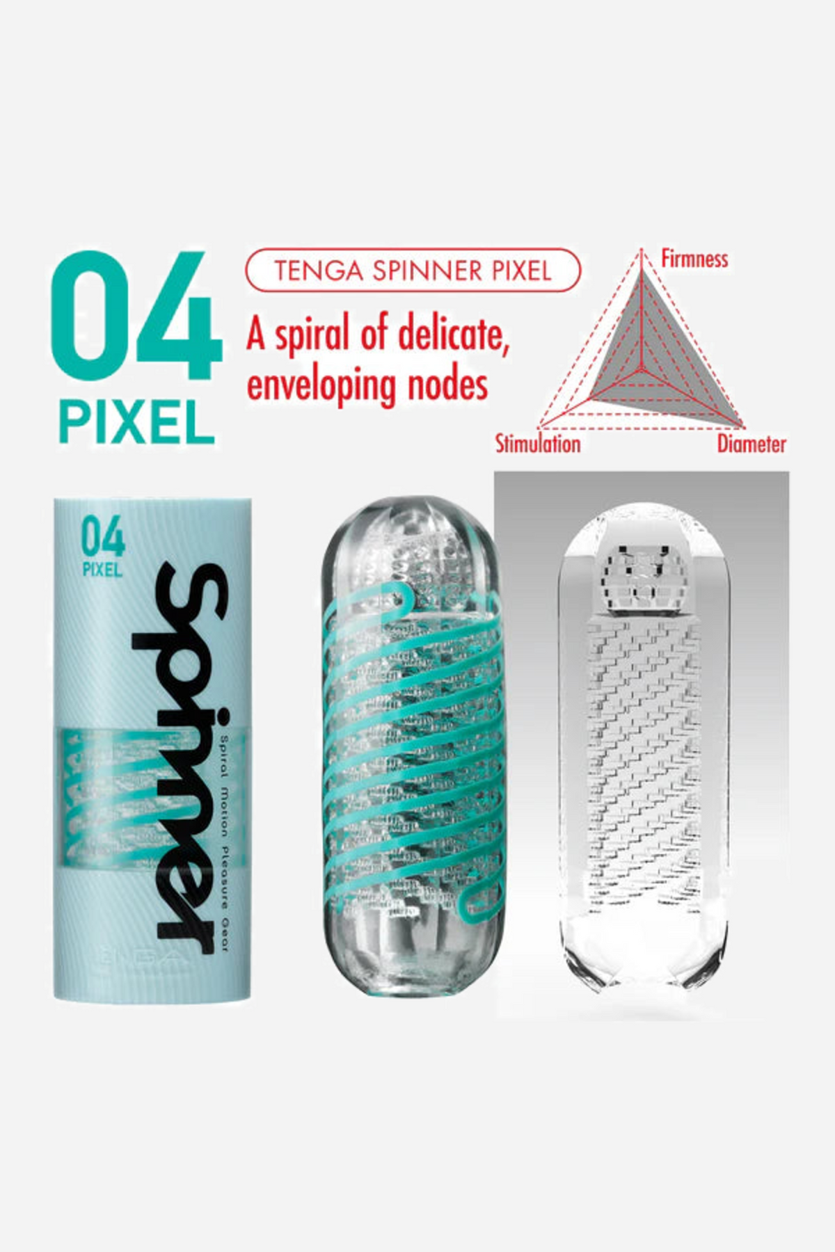 Tenga Spinner 04 Pixel panel with the teal case, the green coiled stroker and a line describing a spiral of delicate enveloping scales.