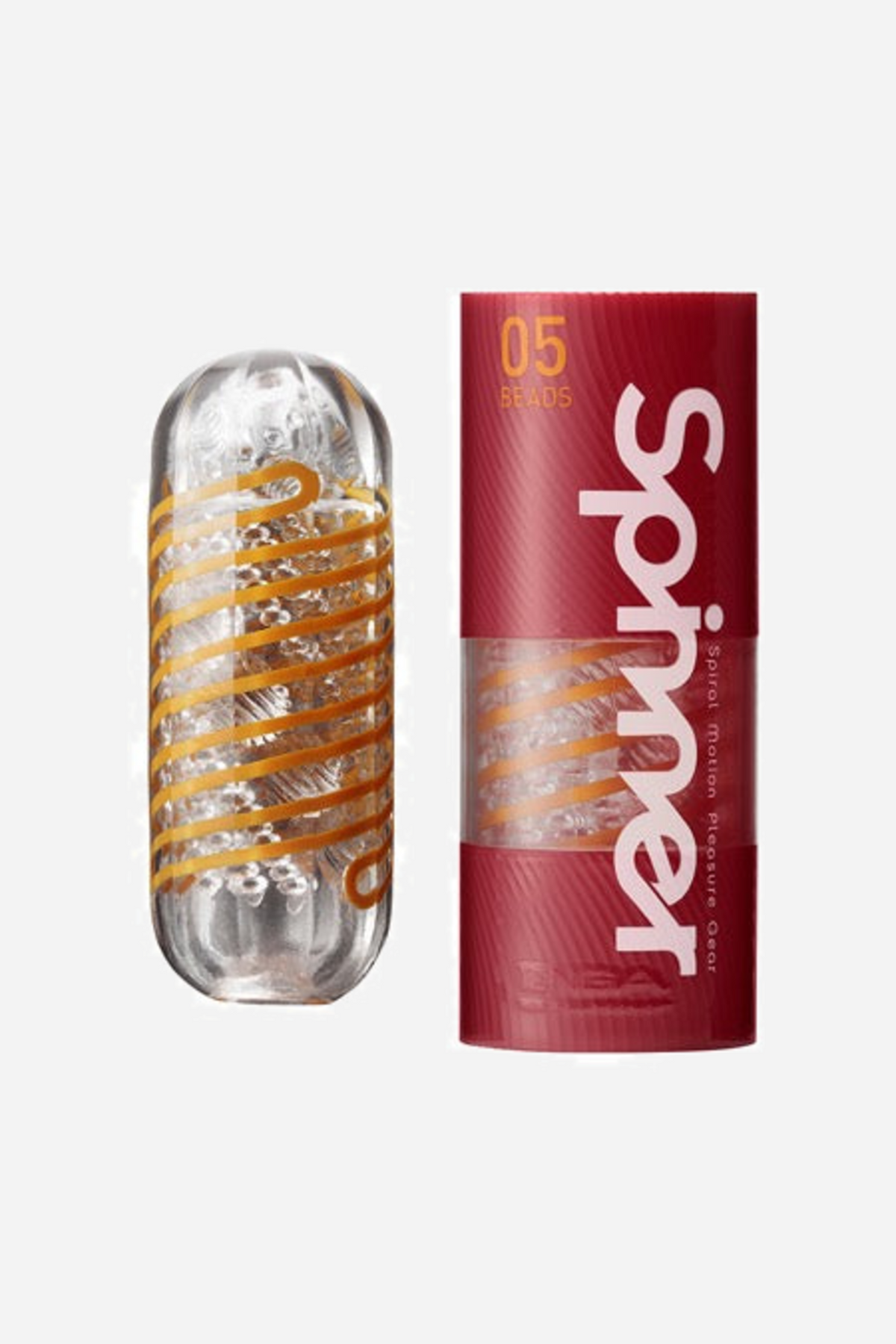 Tenga Spinner Beads shown beside its deep red case, the clear stroker filled with a coil of amber spheres running end to end.