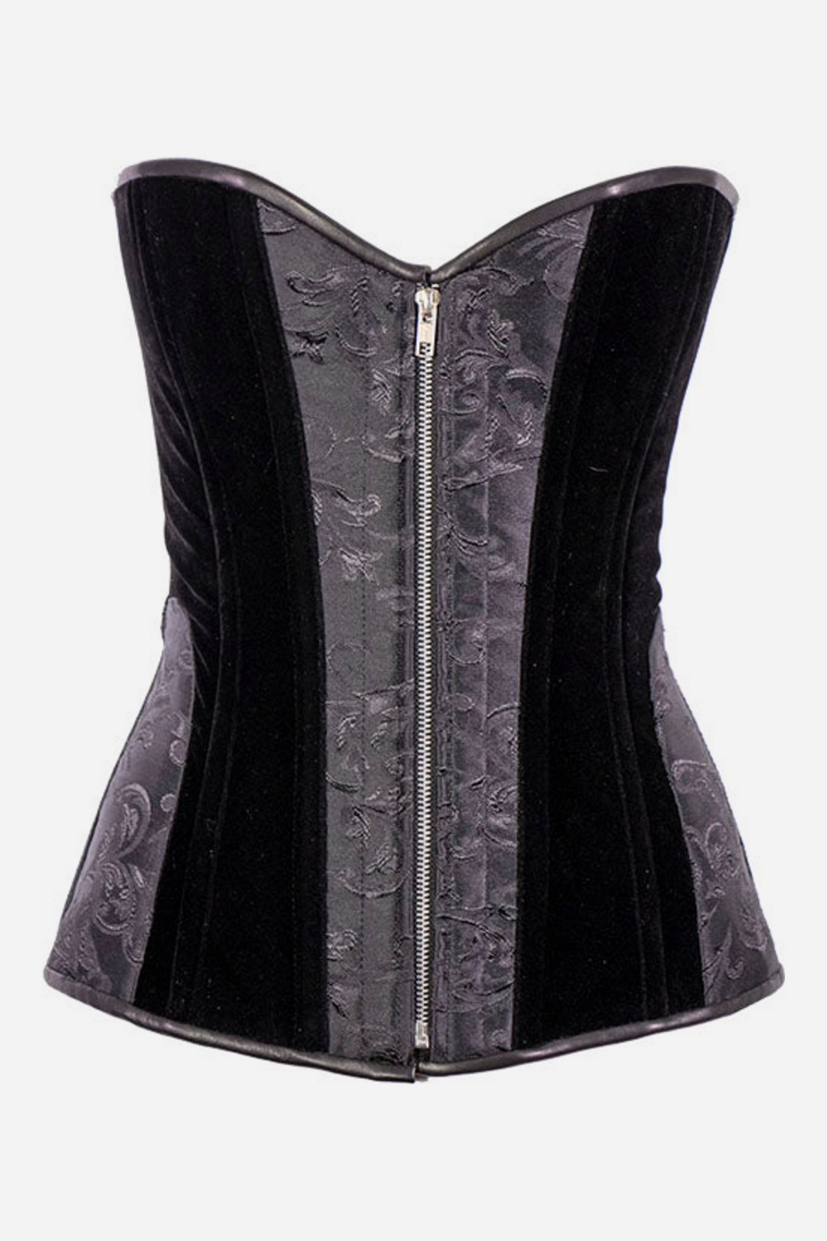 Black overbust corset with crushed velvet side panels, black floral brocade center panels, faux leather trim and a silver front zipper closure