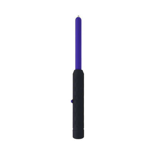 vertical view of the non conductive grip handle and purple prod with two small metal prongs for discharging e-stim sensations during beginner's kink play
