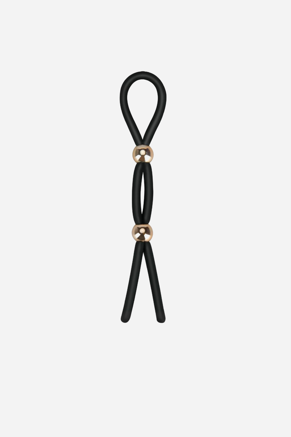 The Stamina lasso cock ring hanging vertically, a slim black silicone cord looped at the top and cinched by a small sliding bead.
