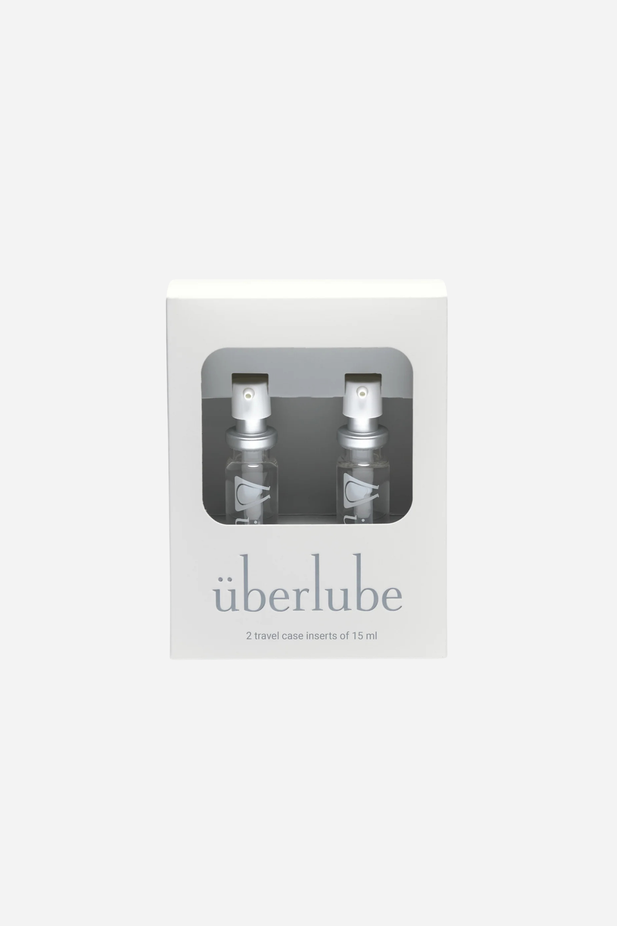 Überlube Good to Go refill box with two clear 15ml silicone lubricant vials shown through the window of white retail packaging