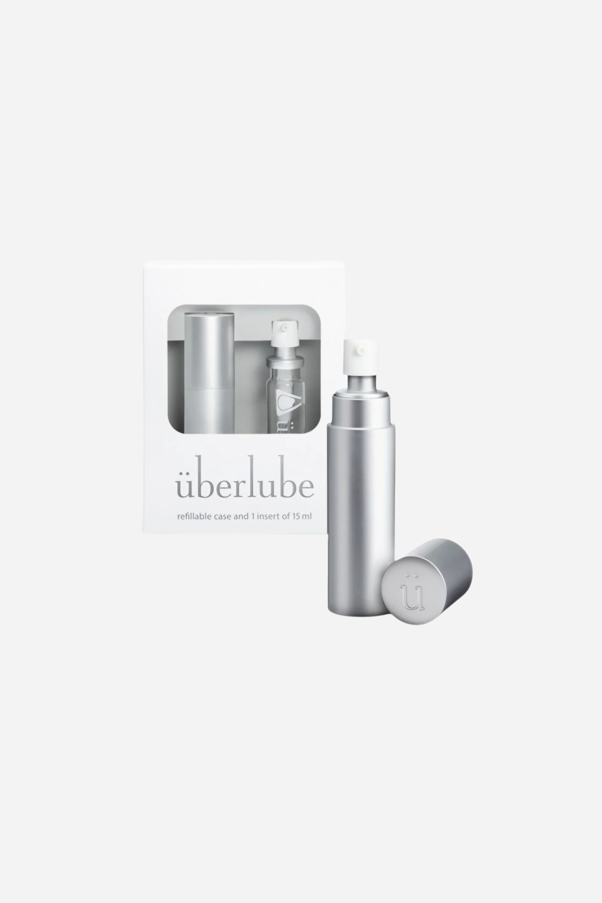 Uberlube Good to Go travel set in Silver: Uberlube gift box with the silver aluminium spray case and its cap in front, on a light grey background