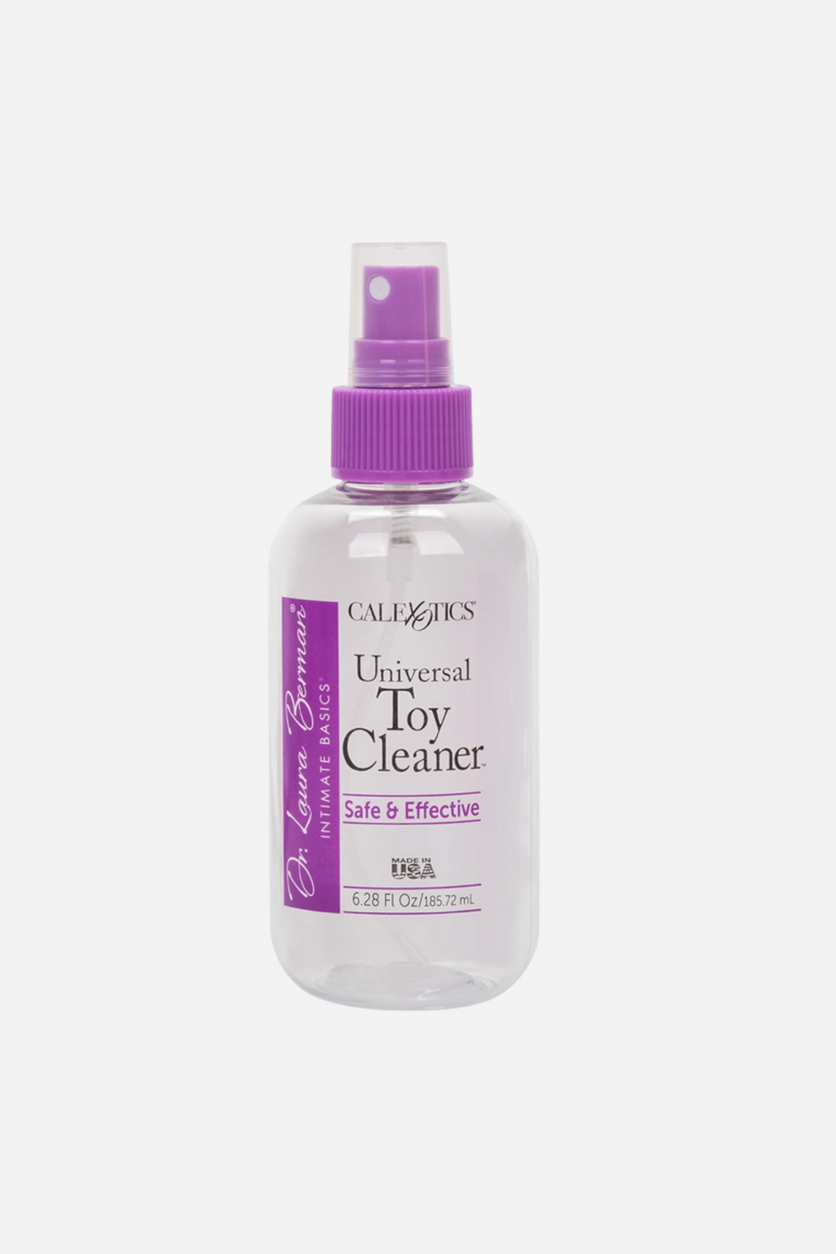 A clear spray bottle of CalExotics Universal Toy Cleaner with a purple pump top and a purple and white label, on a plain grey backdrop.