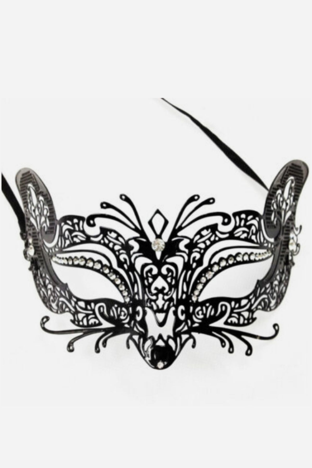 Black laser-cut metal fox masquerade mask with pointed ears, swirling filigree, rows of small clear rhinestones along the eyes and black satin ribbon ties.