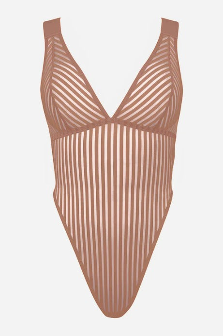 Flat product shot of the Vertigo X mesh bodysuit in mushroom rose with a deep V neckline, wide straps and alternating sheer and opaque stripes