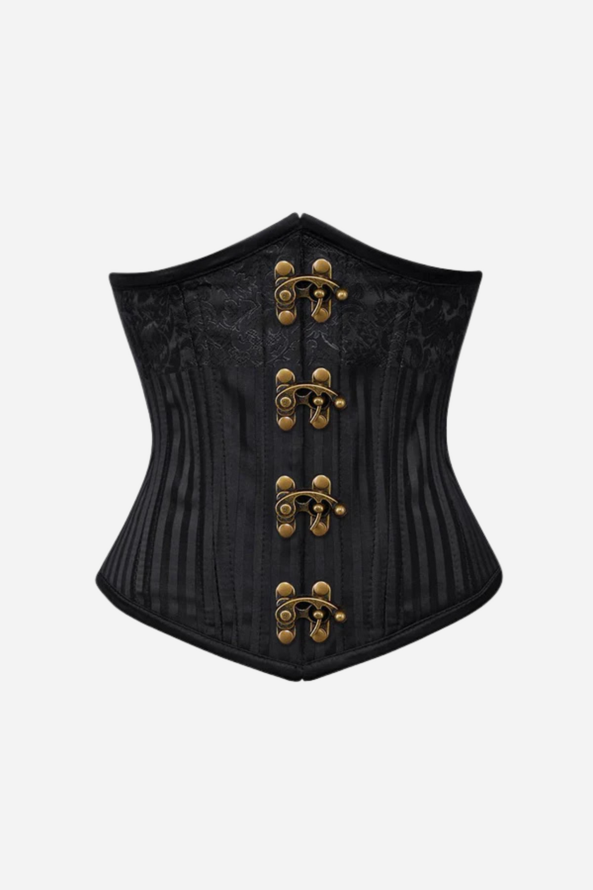 Front of the Vintage Brass Steampunk underbust corset in black striped fabric with lace panel and four antique brass clasps down the front