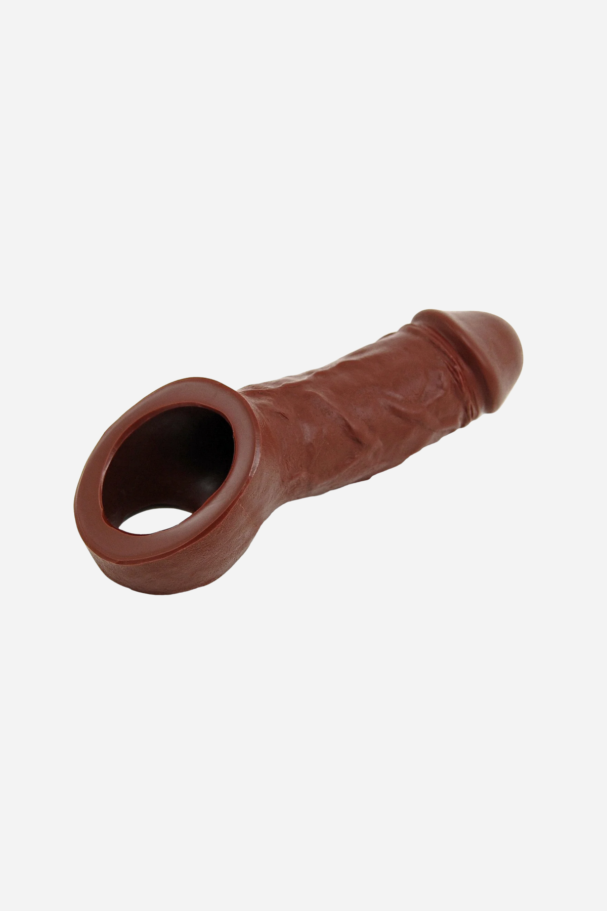 VixSkin Holster dual density extender in chocolate, a realistic penis sheath with a ring that wraps around the testicles, on a grey background