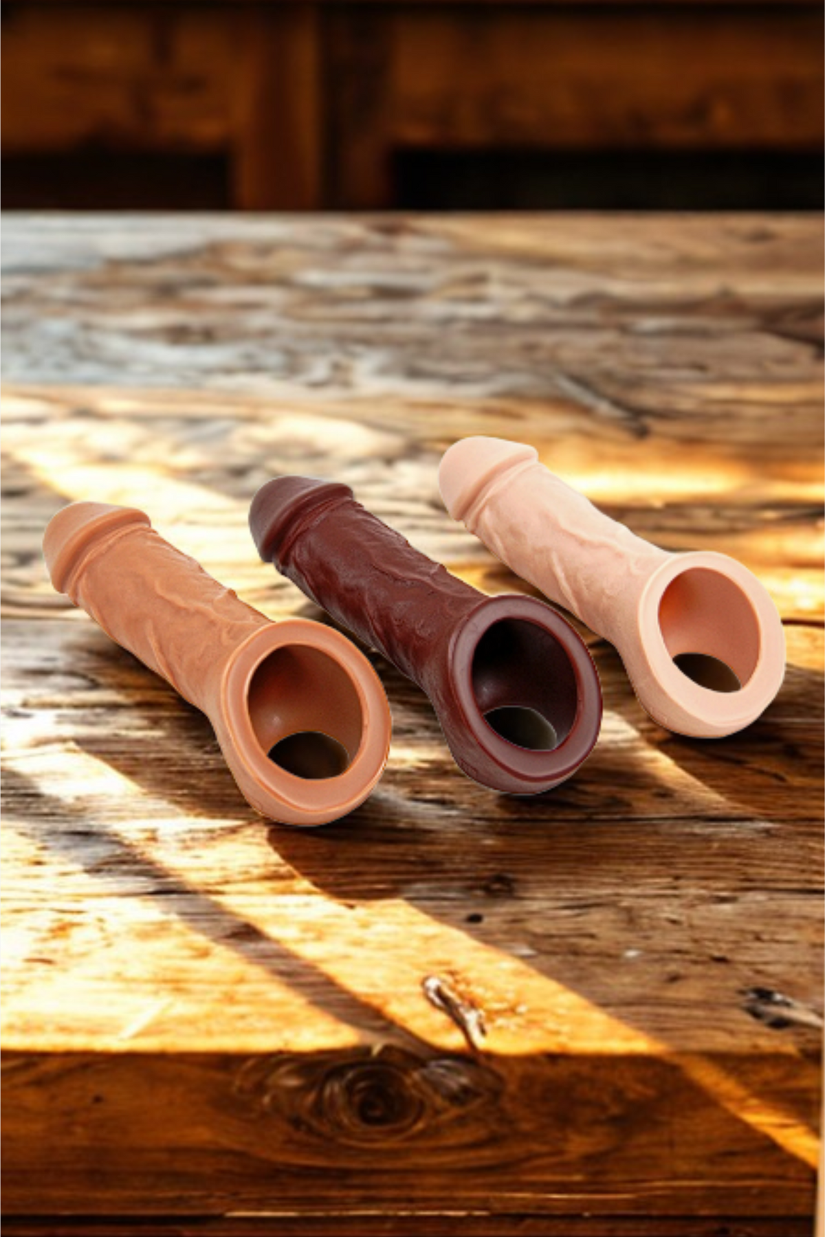 Three VixSkin Holster penis extenders in caramel, chocolate and vanilla lying on a rustic wooden table in warm sunlight, a lifestyle shot