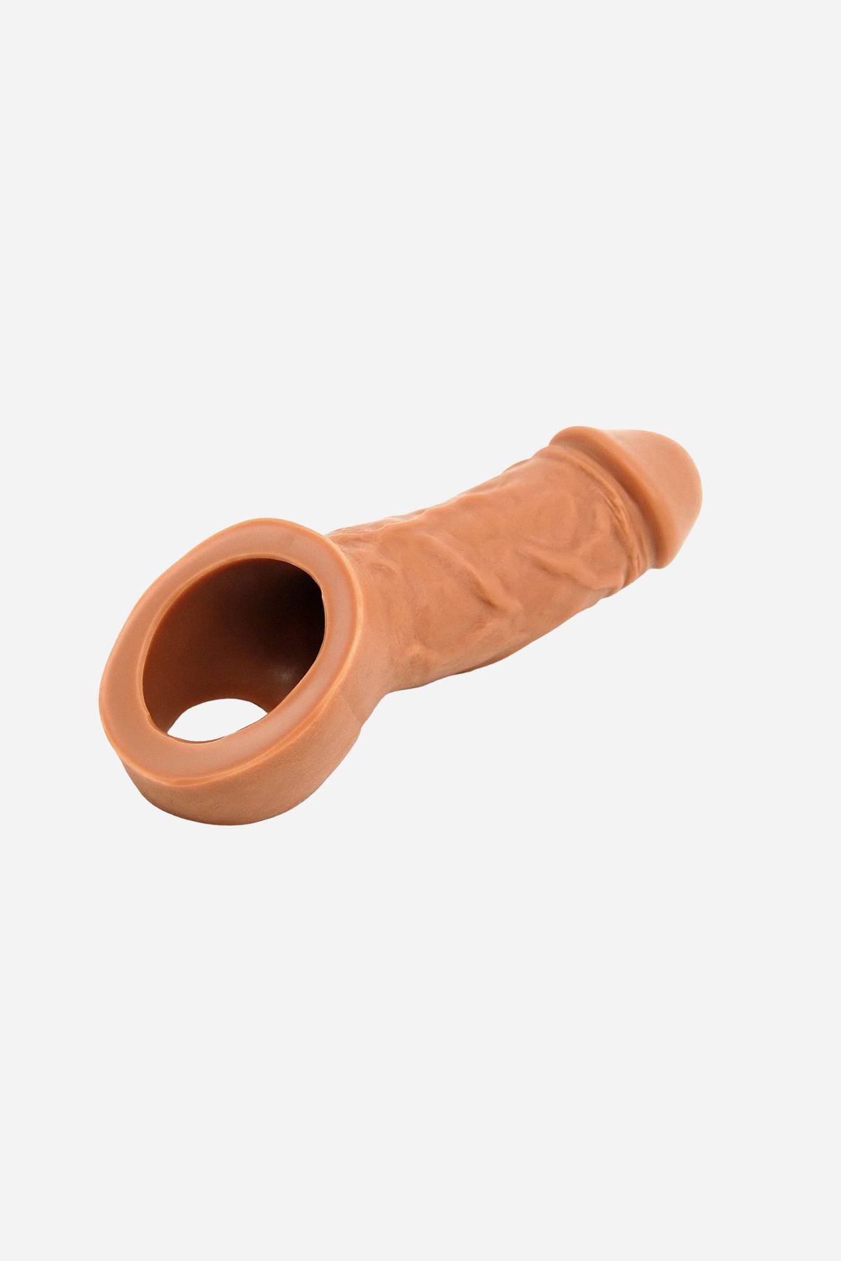 VixSkin Holster dual density extender in caramel, showing the open shaft sleeve and stretchy testicle ring of the realistic PPA, on a grey background
