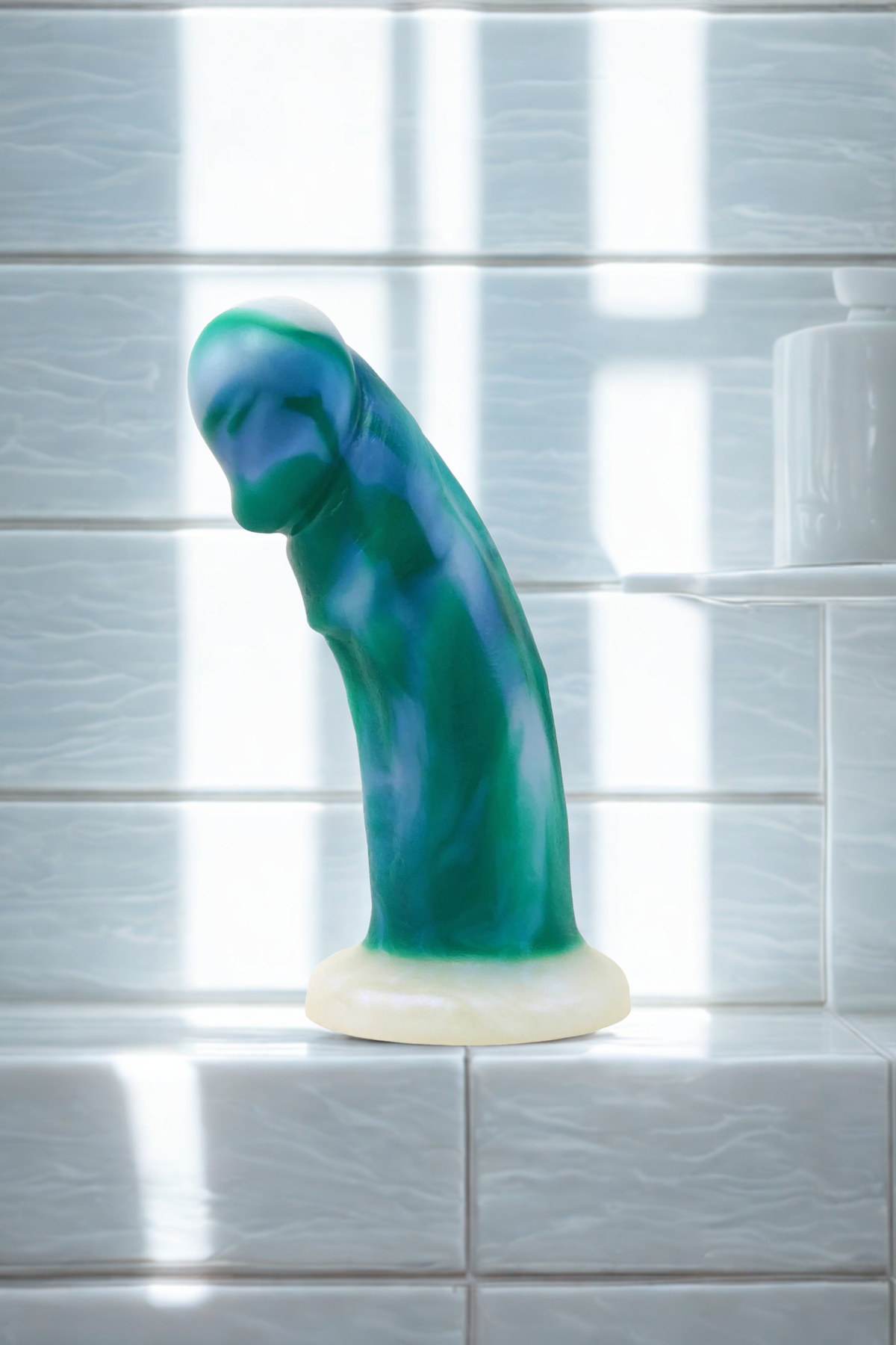 VixSkin Maverick silicone dildo in Clouds in the Sky Green standing on a bathroom shelf with white tiles and soft window light