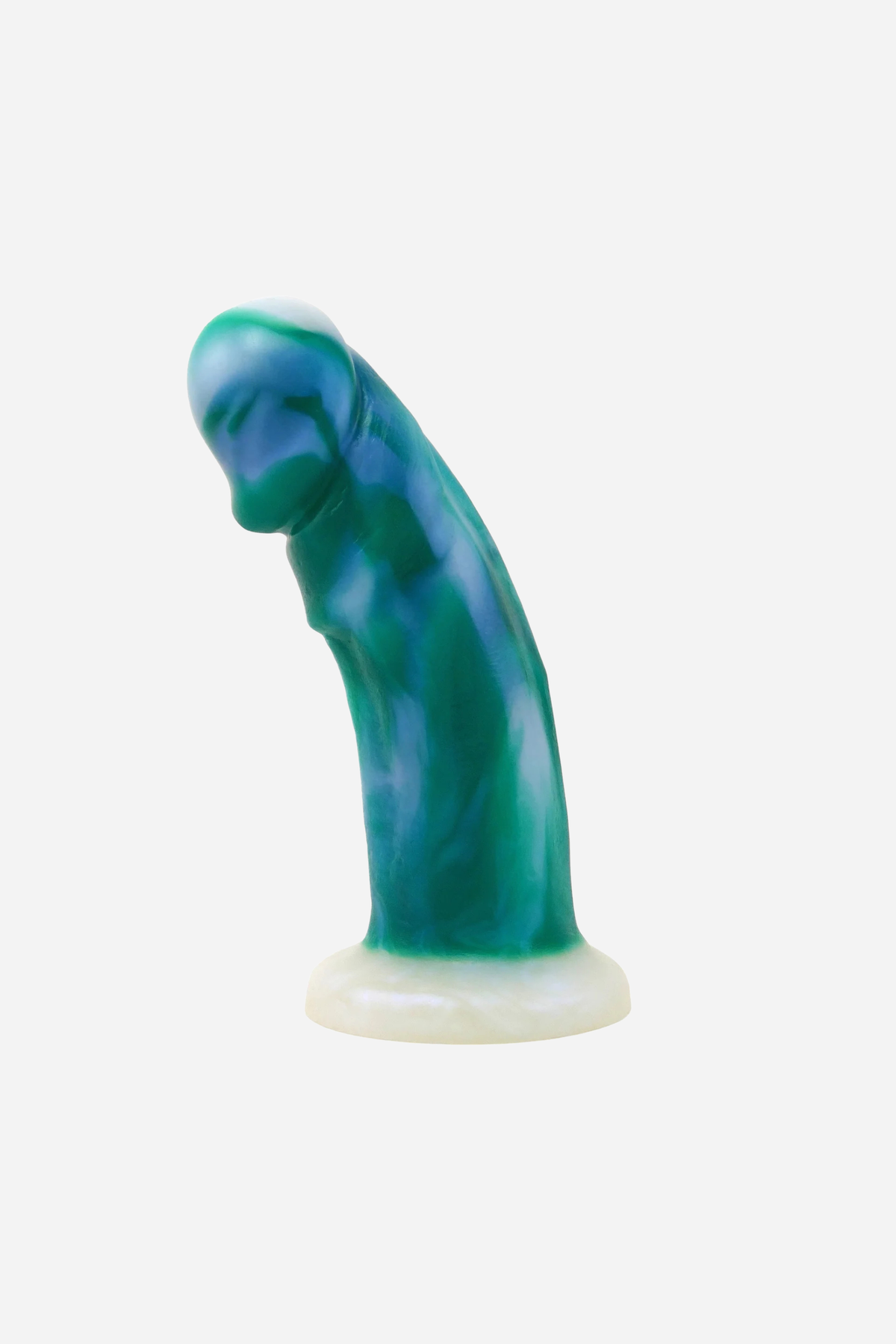 VixSkin Maverick realistic silicone dildo in Clouds in the Sky Green, a teal and blue swirl with a white base, on light grey
