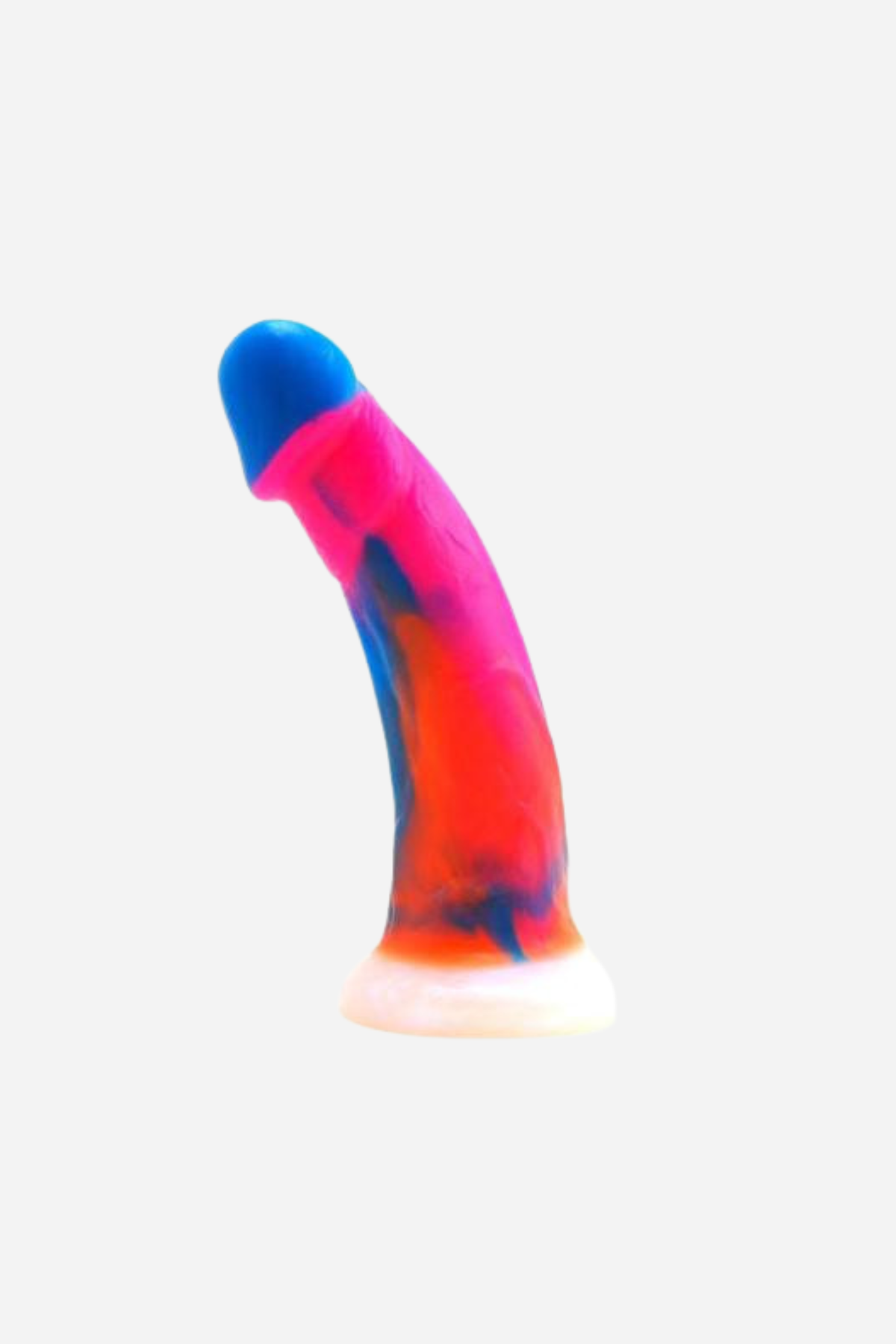 VixSkin Mustang dual density silicone dildo in Multi, a pink, orange and blue swirl with a curved shaft and white base, on grey