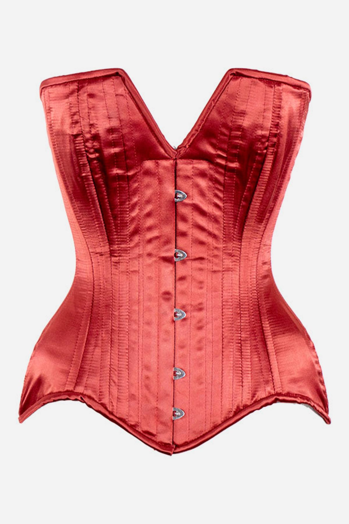 Red satin overbust corset with a deep V plunge neckline, vertical boning channels, silver front busk clasps and a curved hip line with a scalloped hem.