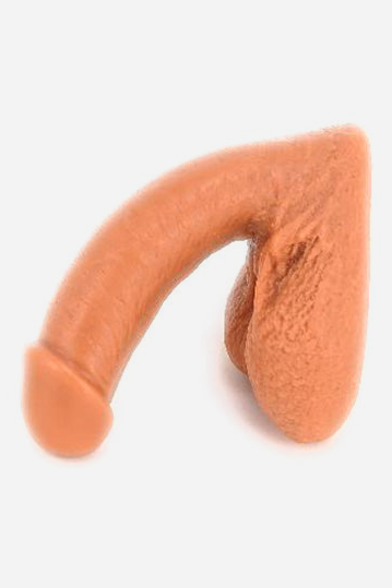 Vixskin Mr. Right silicone packer in Caramel, a realistic soft packing penis with testicles shown from the side on a light grey background