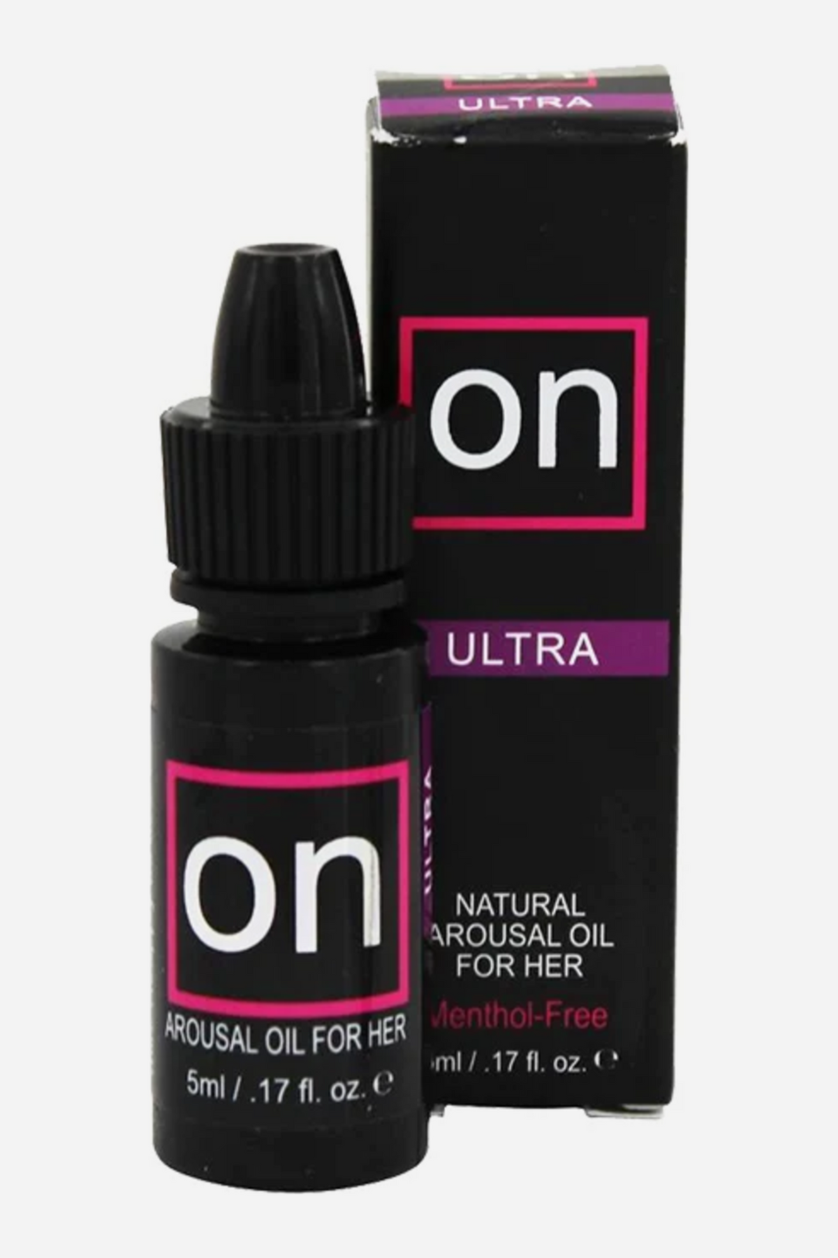 Black 5 ml dropper bottle of ON Arousal Oil for Her with a pink-framed ON logo, standing in front of its black ON Ultra box marked menthol-free