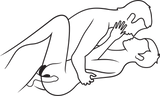 black and white line drawing of two bodies (Both with short hair) laying on top of each other caressing and kissing. The chorus sex toy is shown near their genitals in attempt to show that this toy is designed to be hands free and worn during sex play