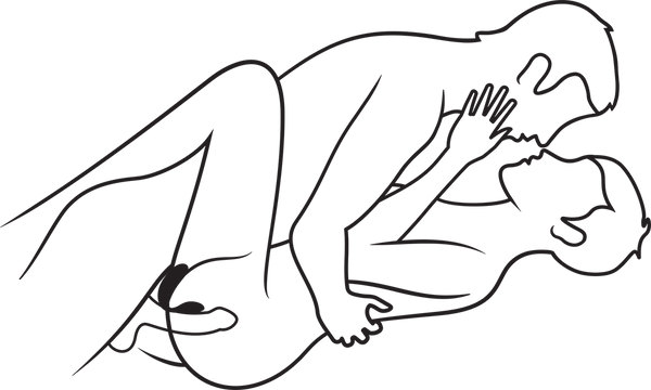 black and white line drawing of two bodies (Both with short hair) laying on top of each other caressing and kissing. The chorus sex toy is shown near their genitals in attempt to show that this toy is designed to be hands free and worn during sex play