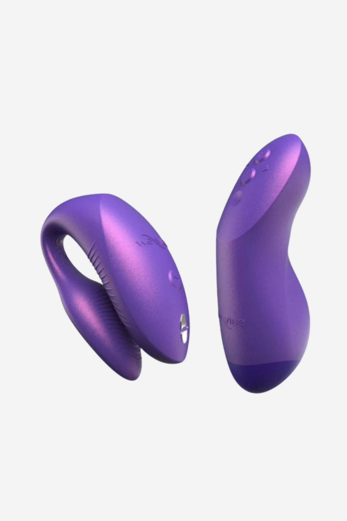 We-Vibe Chorus Pro couples vibrator in Cosmic Purple, showing the adjustable C-shaped vibe and the squeeze-sensitive remote