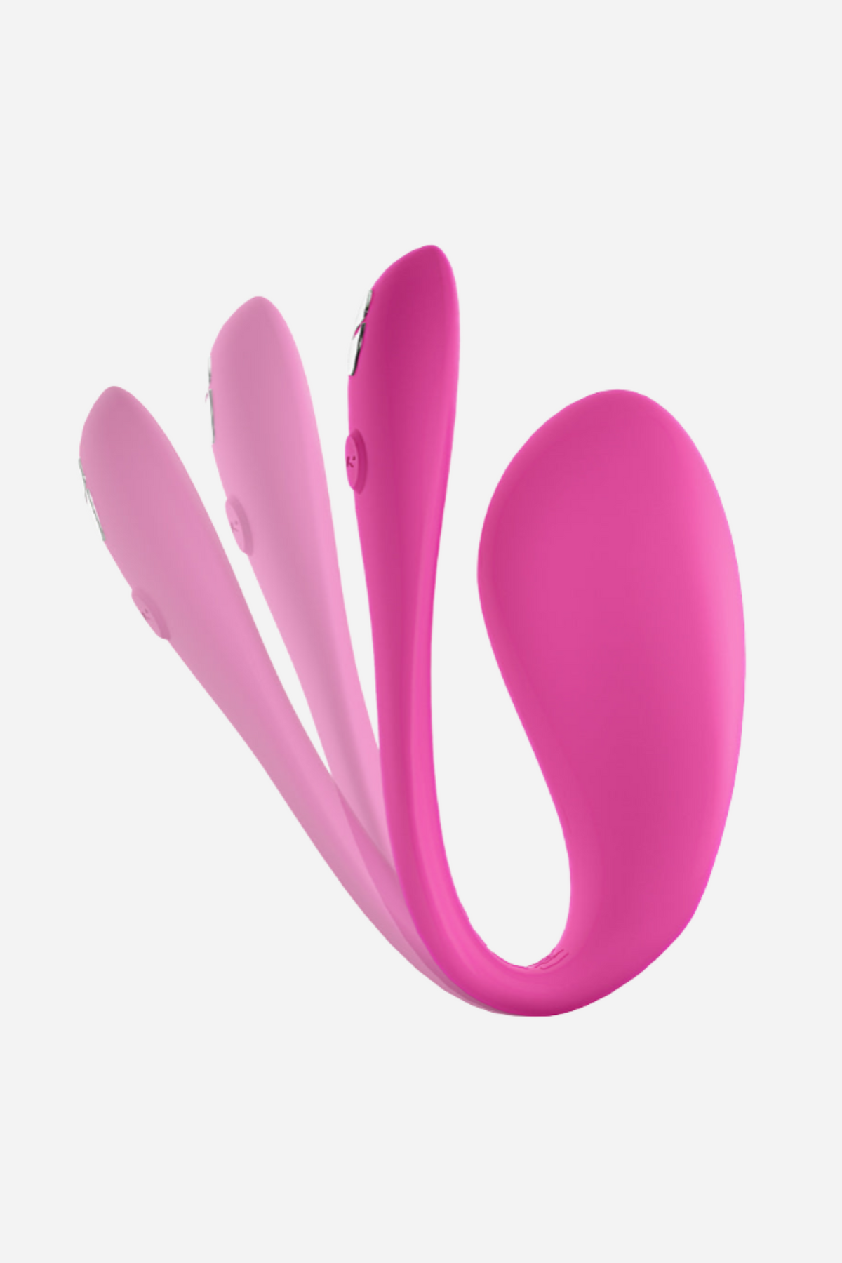 Motion view of the electric pink We-Vibe Jive 2 showing how its flexible neck bends so the tail can be tucked in comfortably
