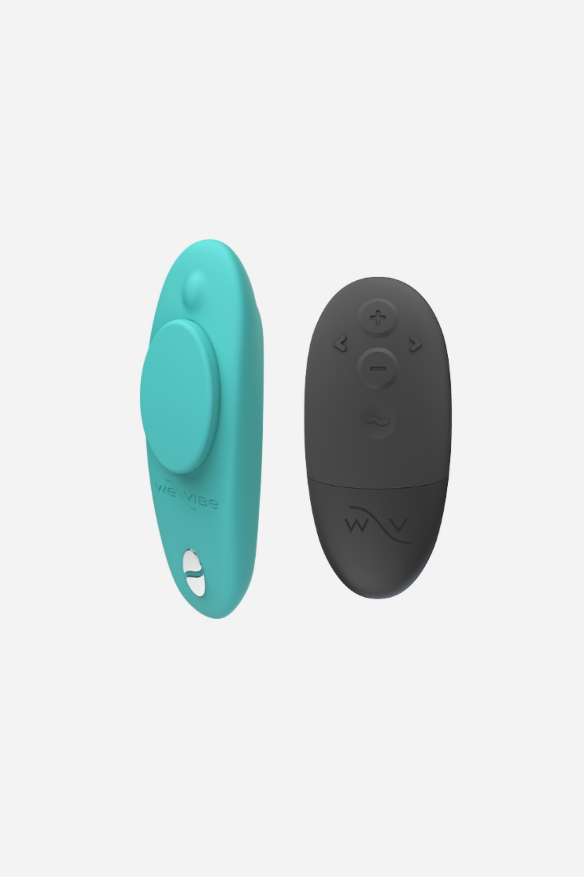 We-Vibe Moxie+ wearable panty vibrator in Aqua beside its black remote control, showing the slim curved shape on light grey