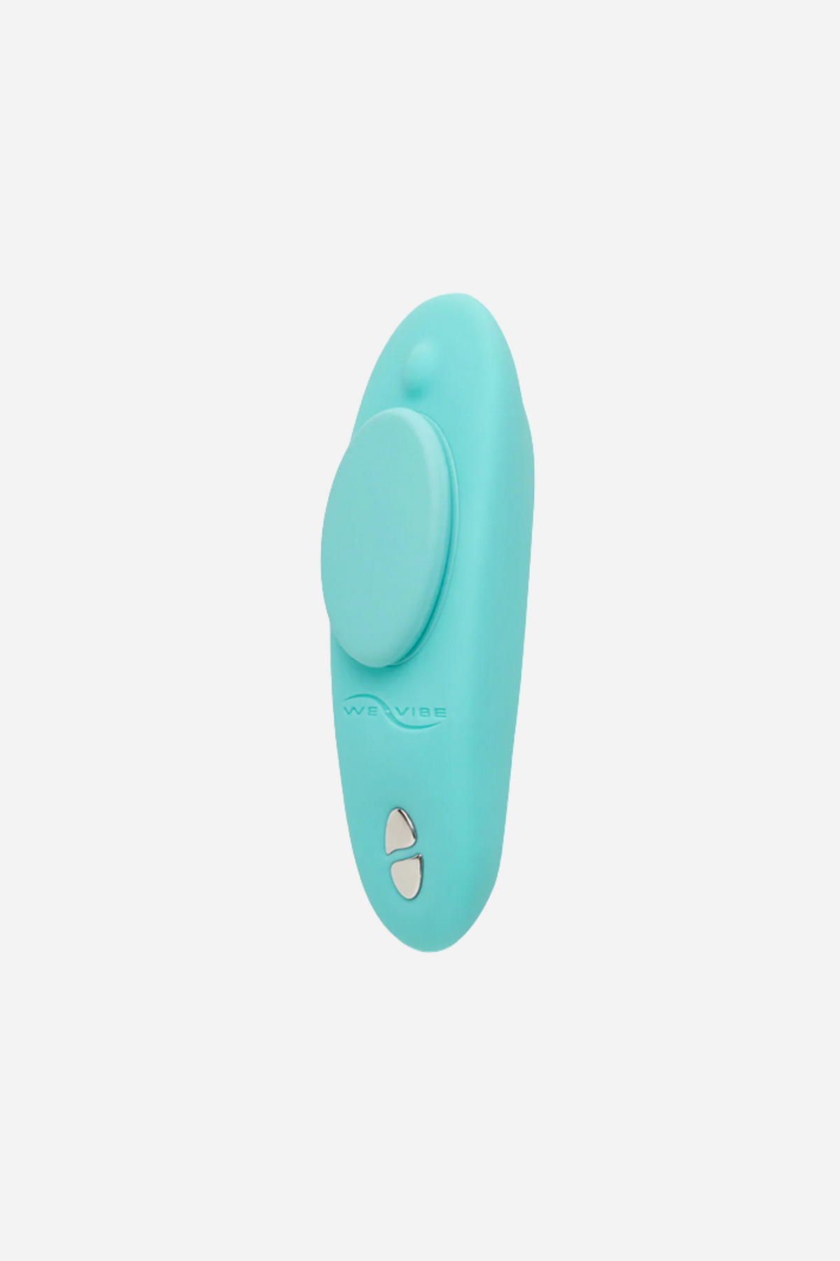 We-Vibe Moxie+ wearable panty vibrator in Aqua shown from the front, with the round magnetic clip and charging contacts on grey