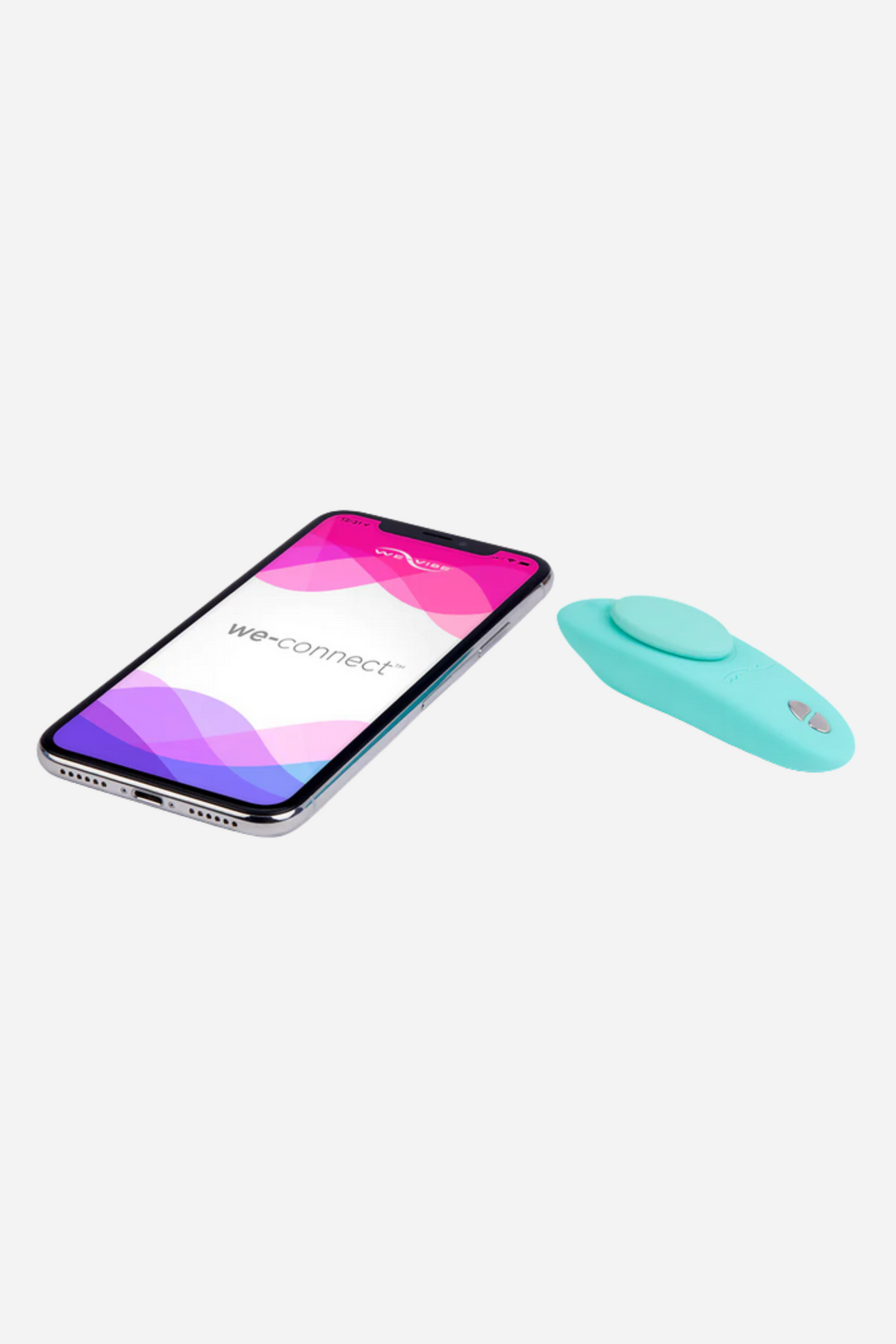 We-Vibe Moxie+ in Aqua next to a smartphone running the We-Connect app, showing it can be controlled by phone, on light grey