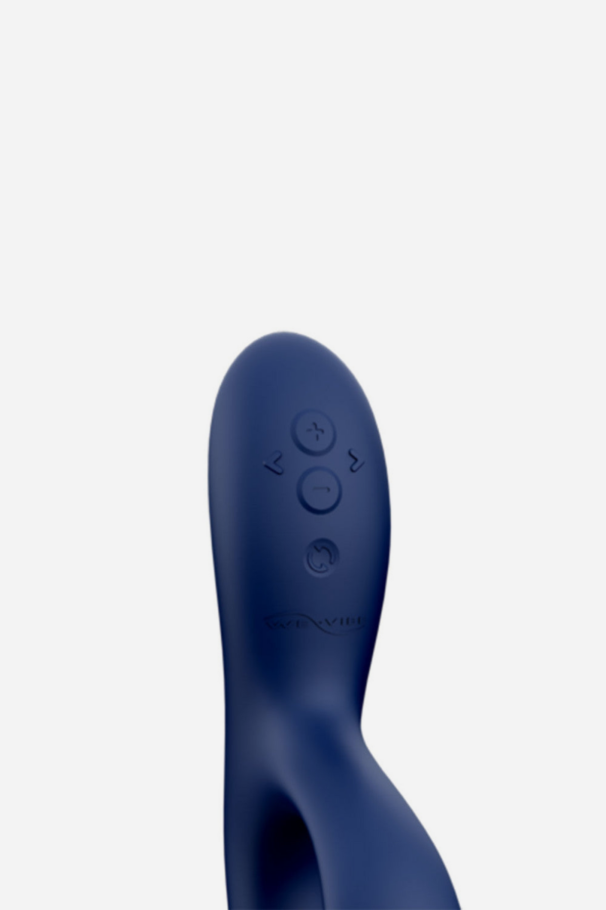 Close-up of the midnight blue We-Vibe Nova 2 handle, showing the three control buttons used to change vibration modes and intensity