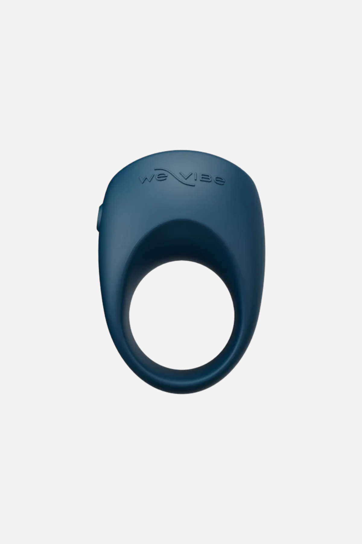 We-Vibe Pivot 2 vibrating C-ring in slate blue, front view of the stretchy ring with the motor housing and logo on top, on light grey