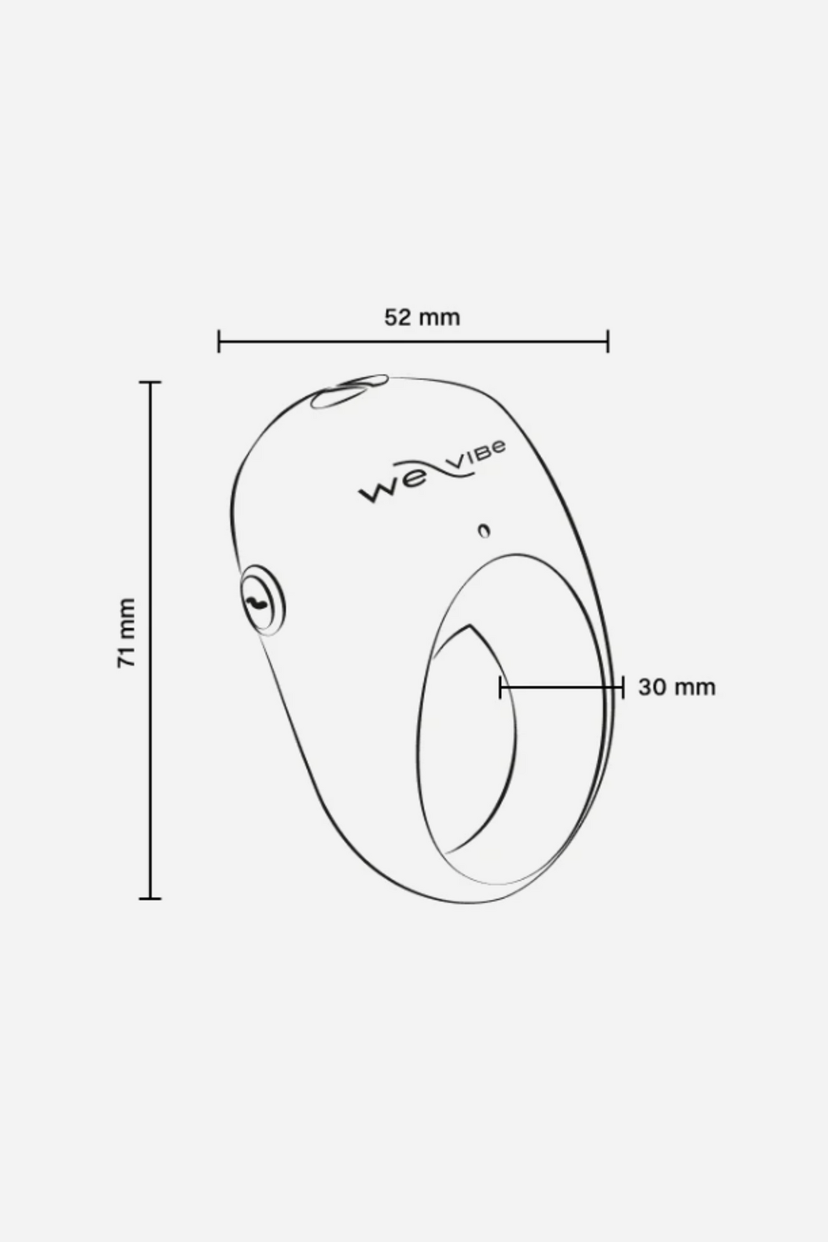 Line drawing of the We-Vibe Pivot 2 vibrating C-ring with dimensions marked: 52 mm wide, 71 mm tall and a 30 mm inner ring opening