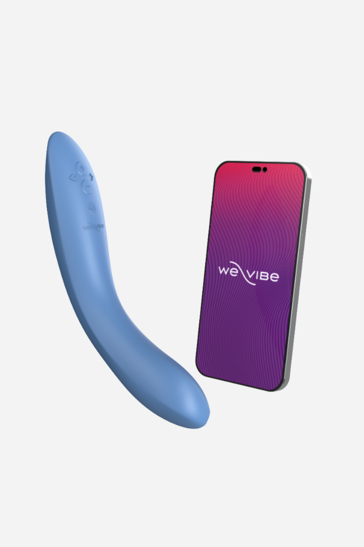 Blue We-Vibe Rave 2 beside a smartphone showing the We-Vibe app, which unlocks custom vibration patterns and long-distance partner control