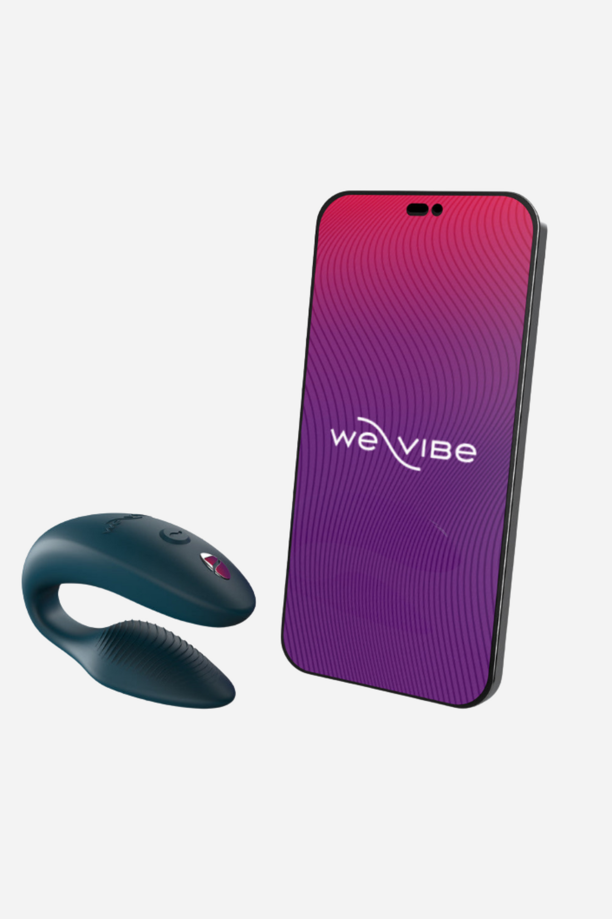 Green velvet We-Vibe Sync 2 beside a smartphone showing the We-Vibe app, which lets partners control the vibe together or apart