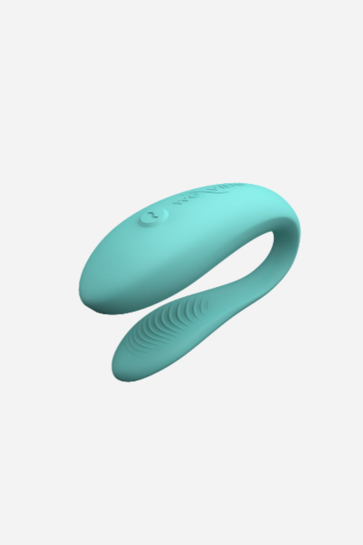 We-Vibe Sync Lite couples vibrator in Aqua, showing the C-shaped design with textured inner arm and flexible bridge on grey