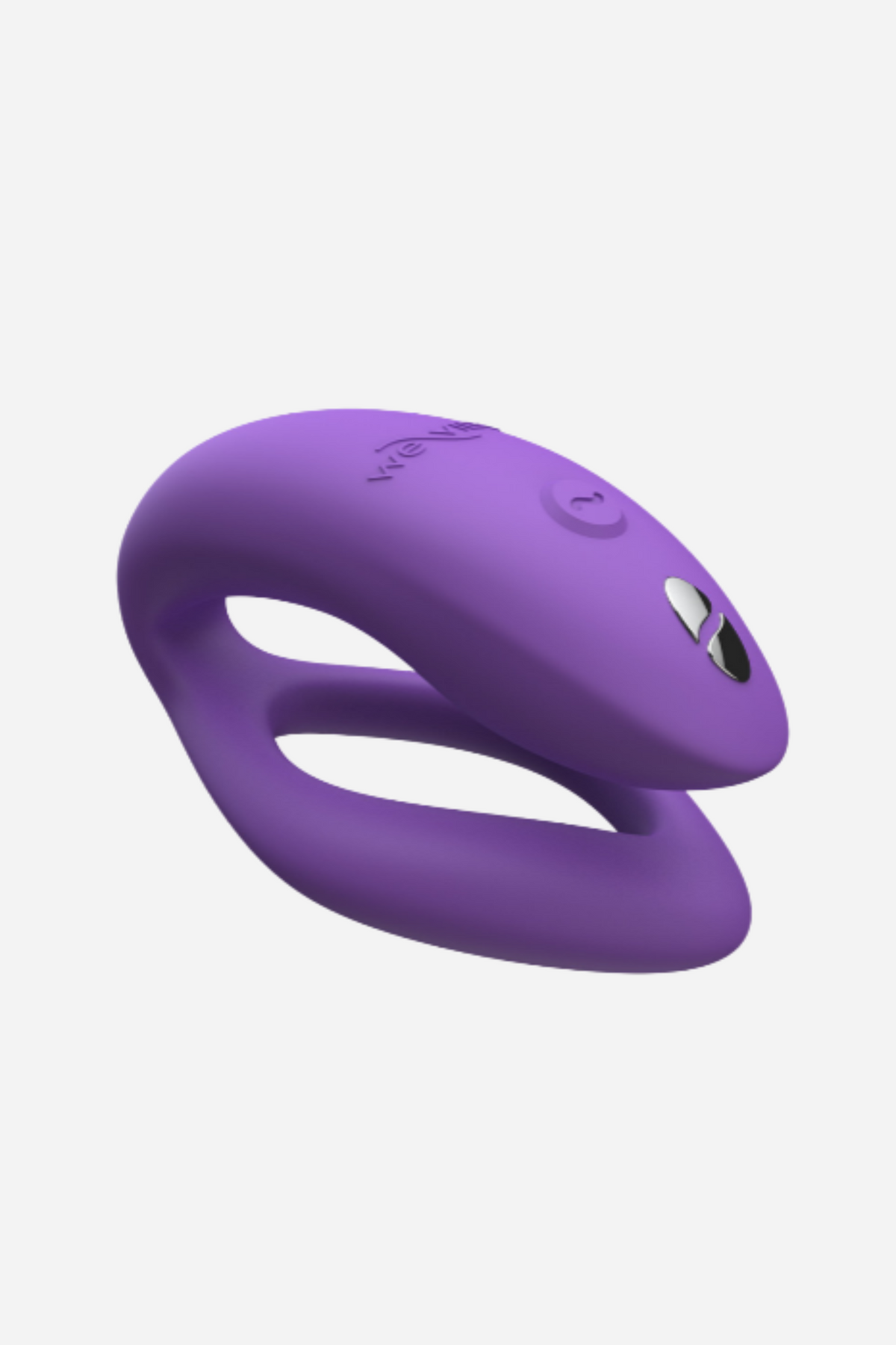 We-Vibe Sync O wearable couples vibrator in lilac, shown at an angle with its flexible C-shape and longer external arm on light grey