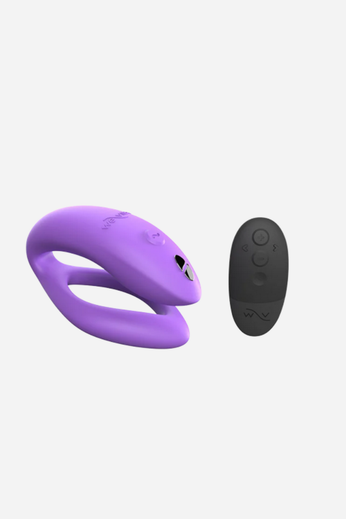 Lilac We-Vibe Sync O couples vibrator beside its black wireless remote, which lets either partner change vibration modes and intensity