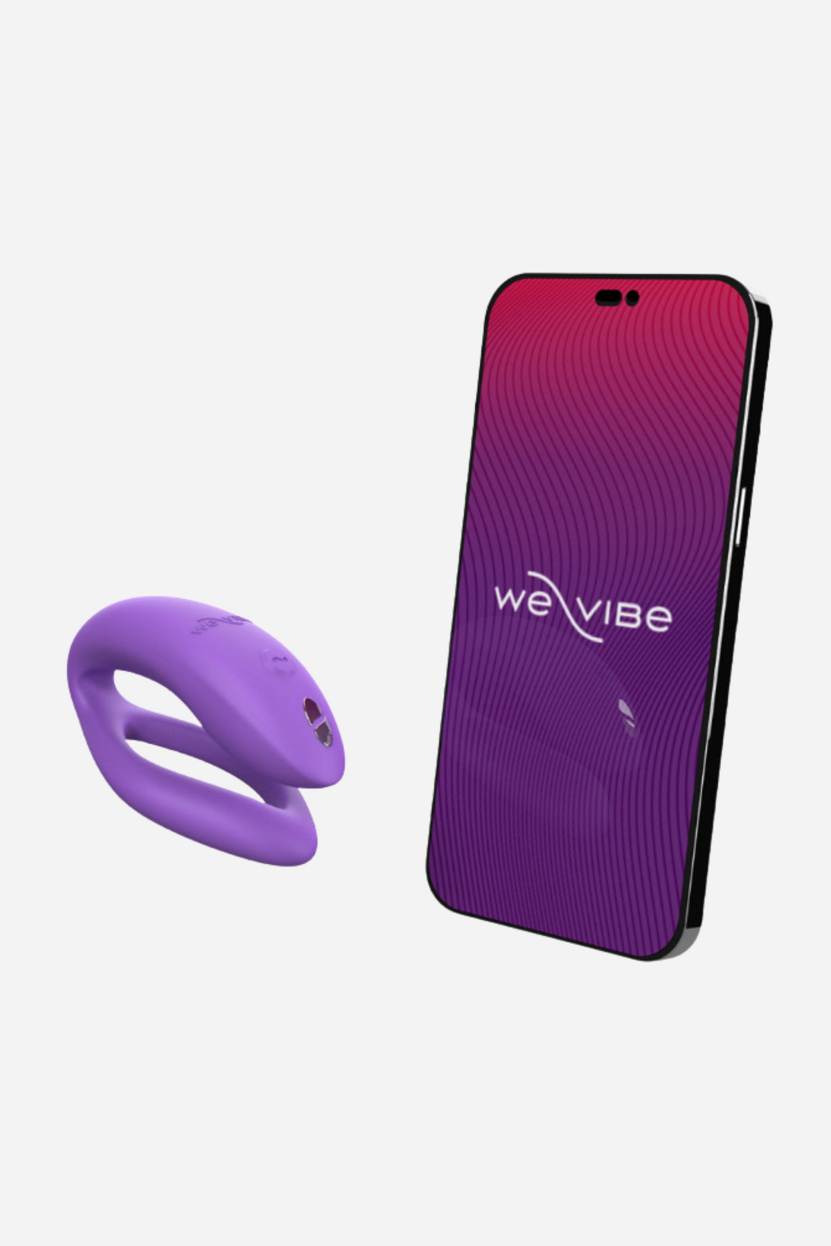 Lilac We-Vibe Sync O next to a smartphone running the We-Vibe app, used for long-distance control and creating custom vibration patterns