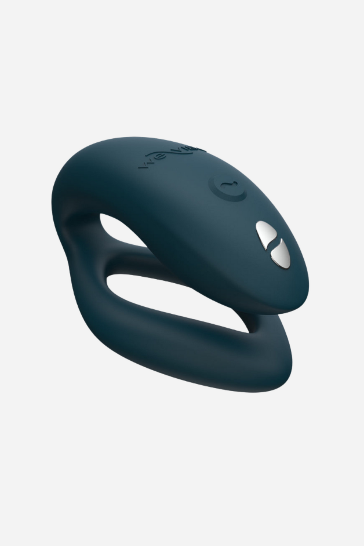 We-Vibe Sync O wearable couples vibrator in green velvet, angled to show the adjustable C-shape, internal arm and longer external arm