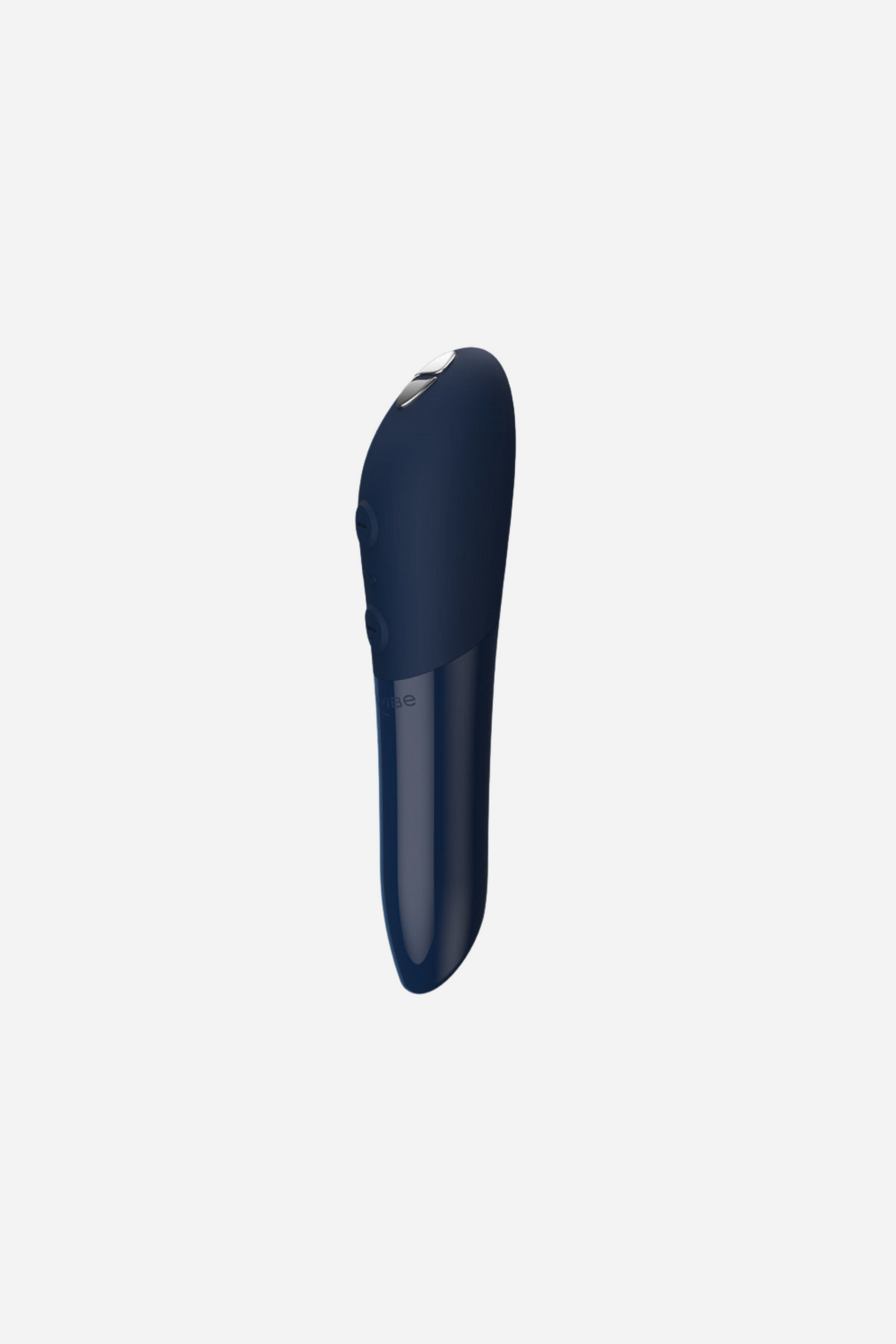 We-Vibe Tango X bullet vibrator in Midnight Blue standing upright, showing its slim lipstick shape and angled tip on light grey