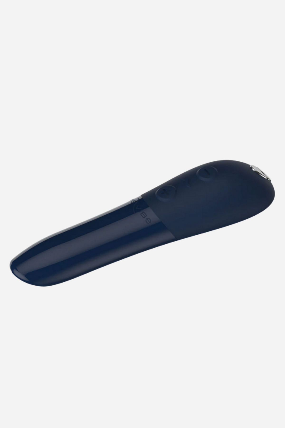 We-Vibe Tango X bullet vibrator in Midnight Blue lying at an angle, showing the flat angled tip and smooth body on light grey