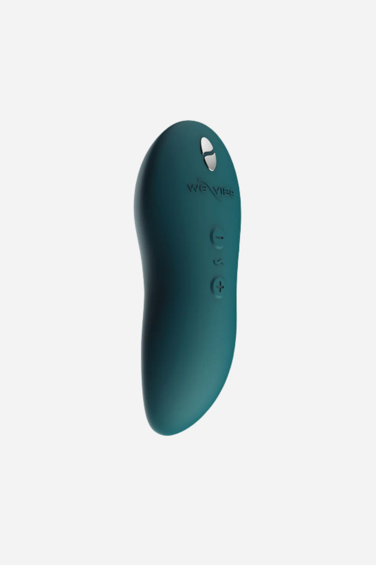 Back of the green velvet We-Vibe TouchX showing the We-Vibe logo, plus and minus buttons and the magnetic charging port, on light grey
