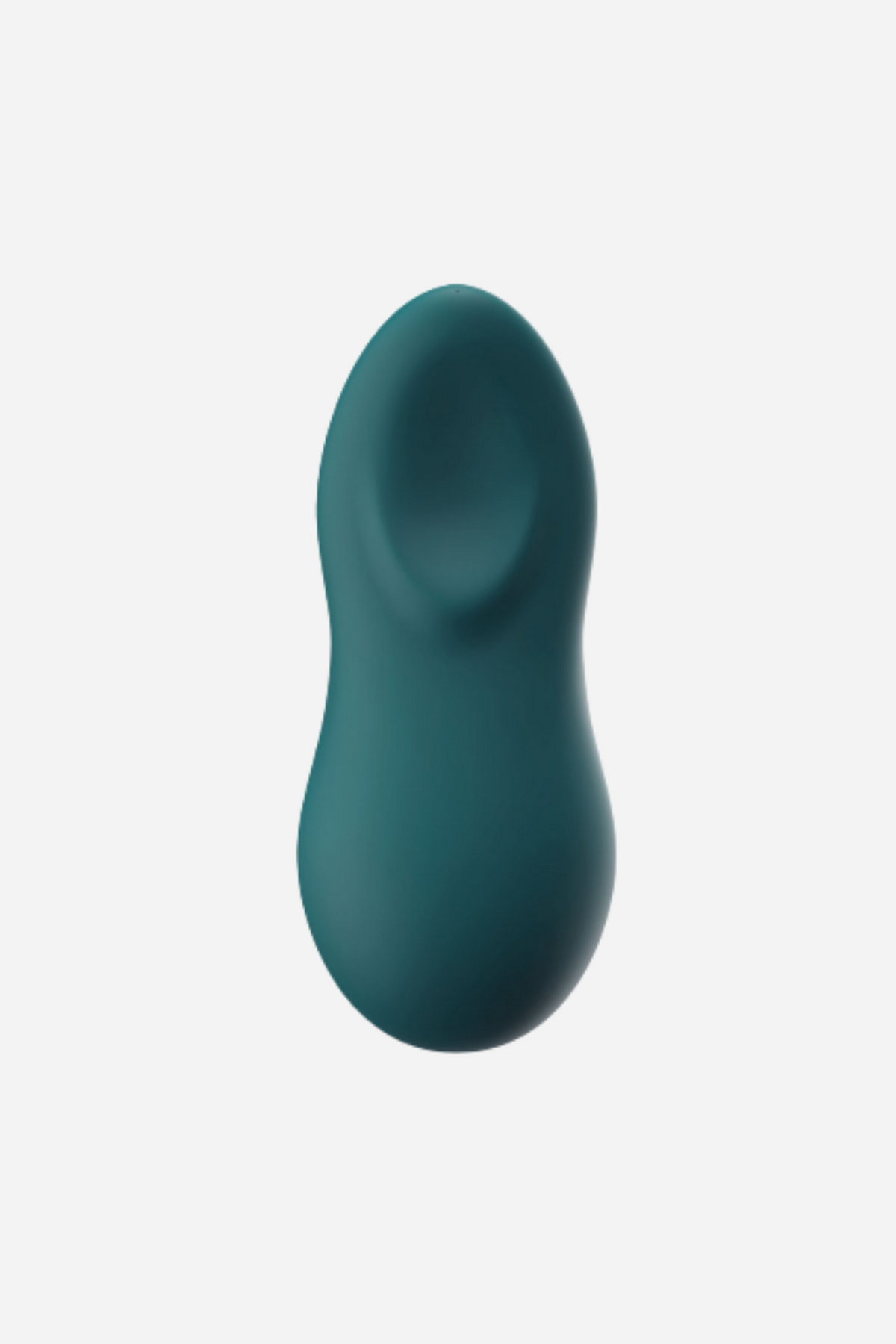 We-Vibe TouchX lay-on vibrator in green velvet, top view showing its smooth silicone body and dipped fingertip-shaped tip, on light grey