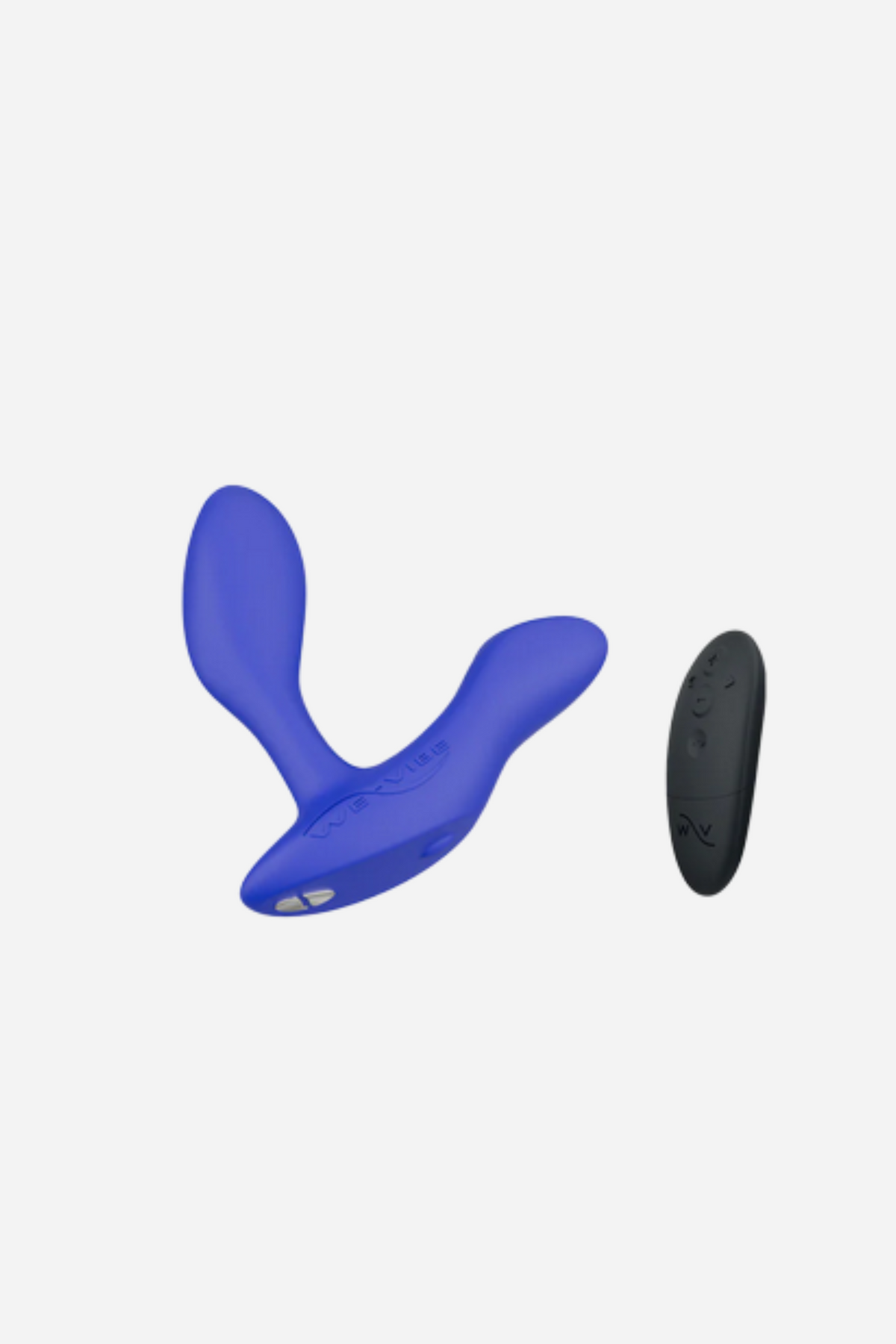 Royal blue We-Vibe Vector+ beside its black wireless remote, letting you or a partner switch vibration modes and intensity hands-free
