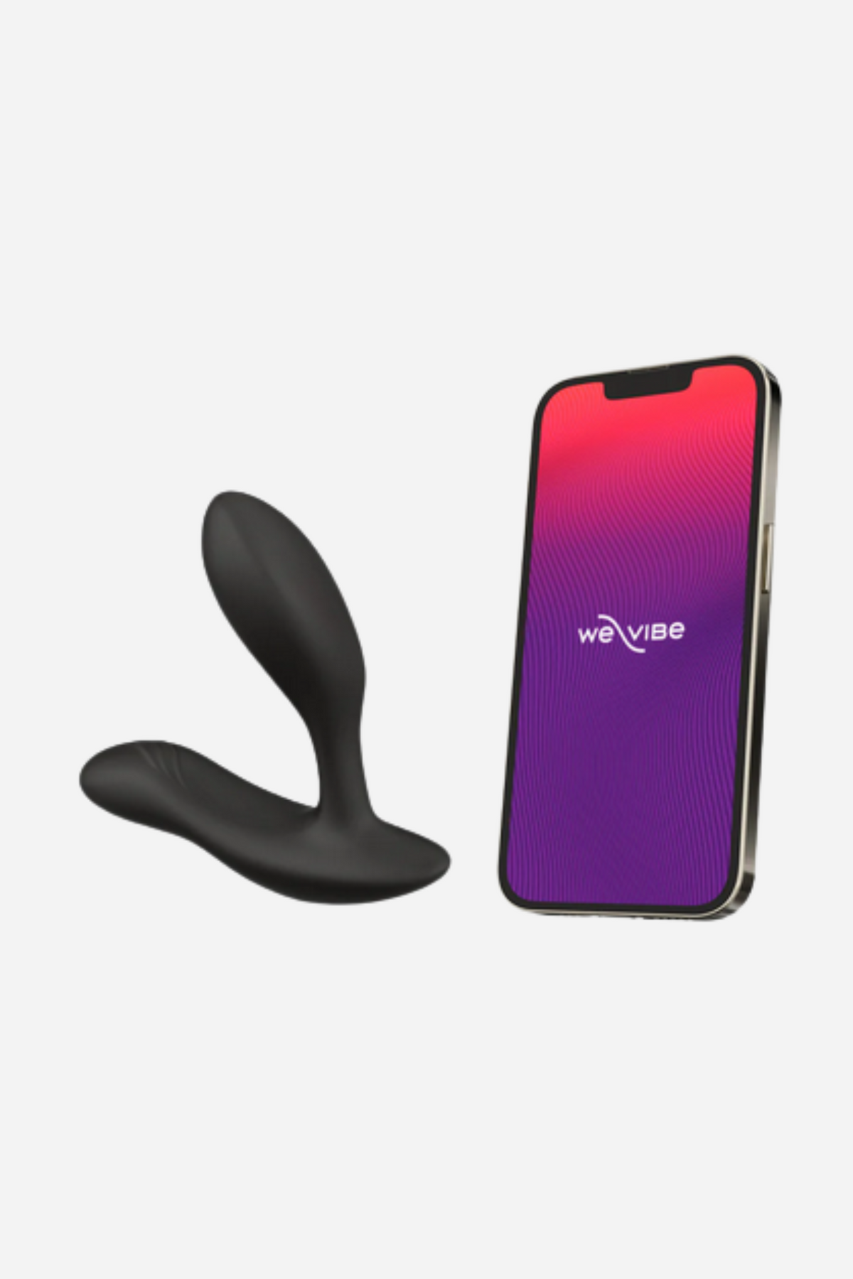 Black We-Vibe Vector+ next to a smartphone running the We-Vibe app, used for app control, long-distance play and custom vibration patterns