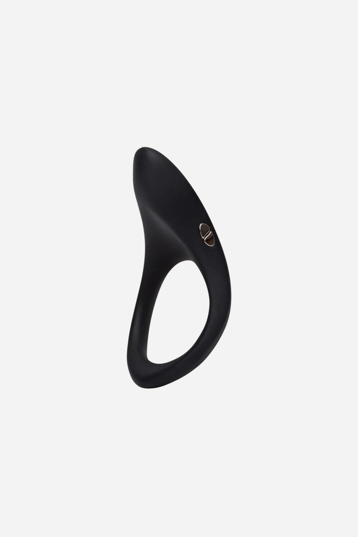 We-Vibe Verge 2 vibrating perineum cock ring in black, angled view of the stretchy ring and curved perineum arm on light grey