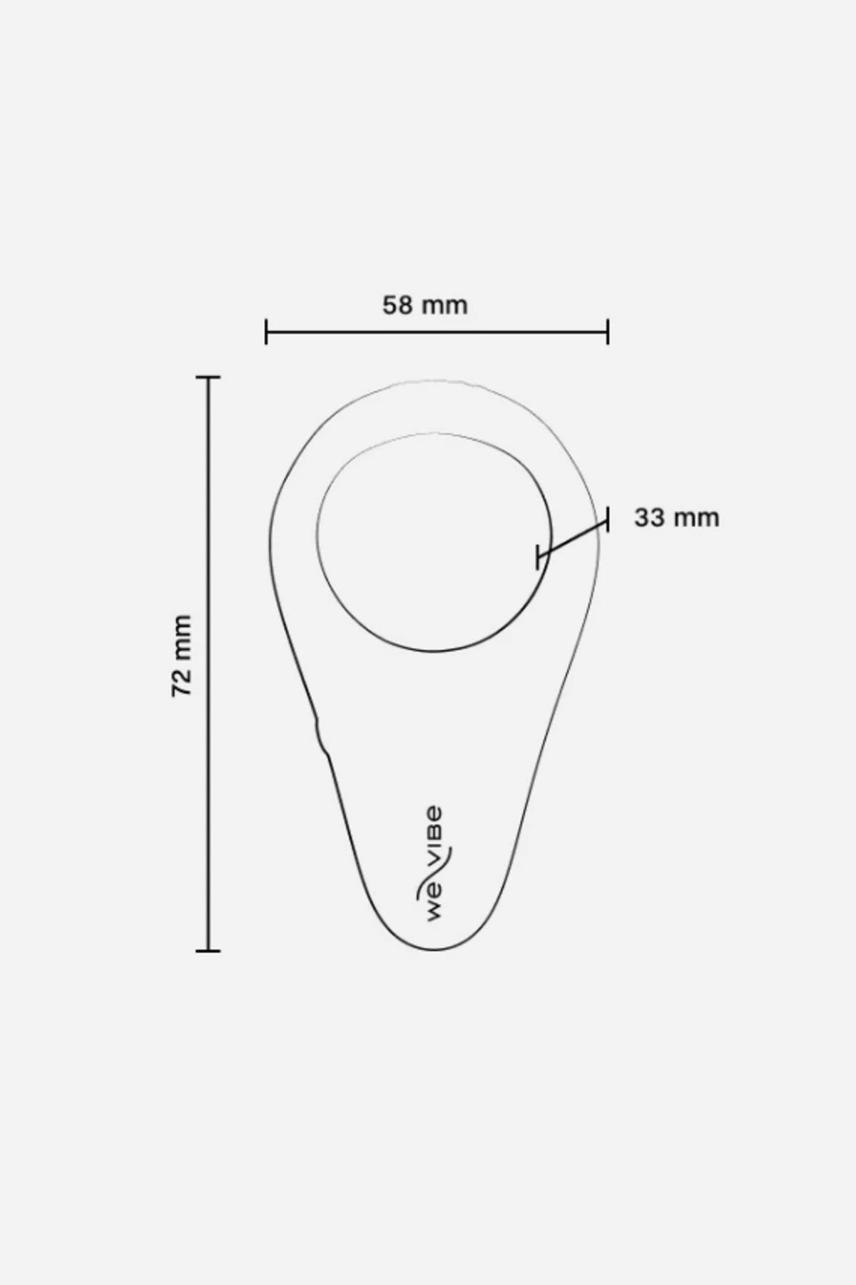 Line drawing of the We-Vibe Verge 2 vibrating perineum cock ring with dimensions marked: 58 mm wide, 72 mm tall and a 33 mm ring