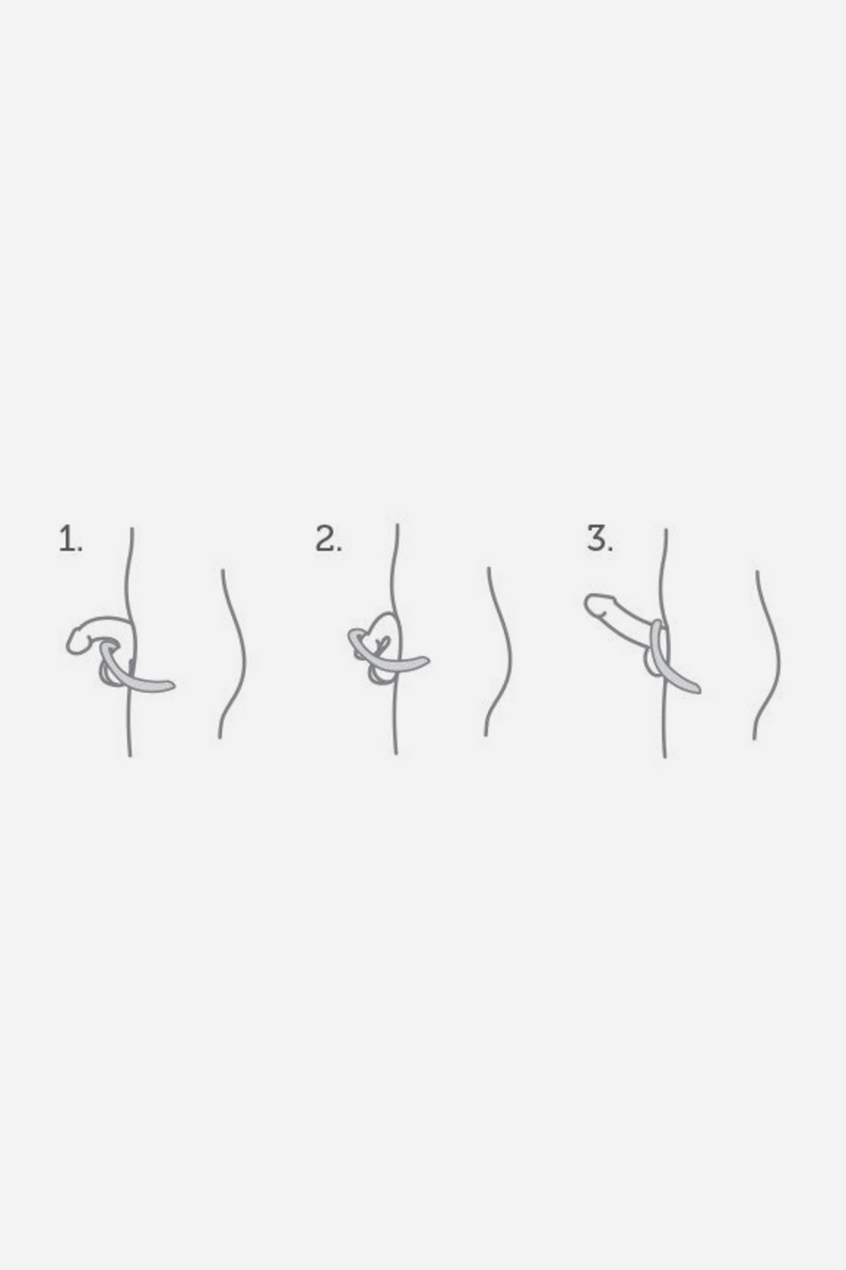 Three-step guide showing how to put on the We-Vibe Verge 2 cock ring: loop it around, position the arm and settle it at the base