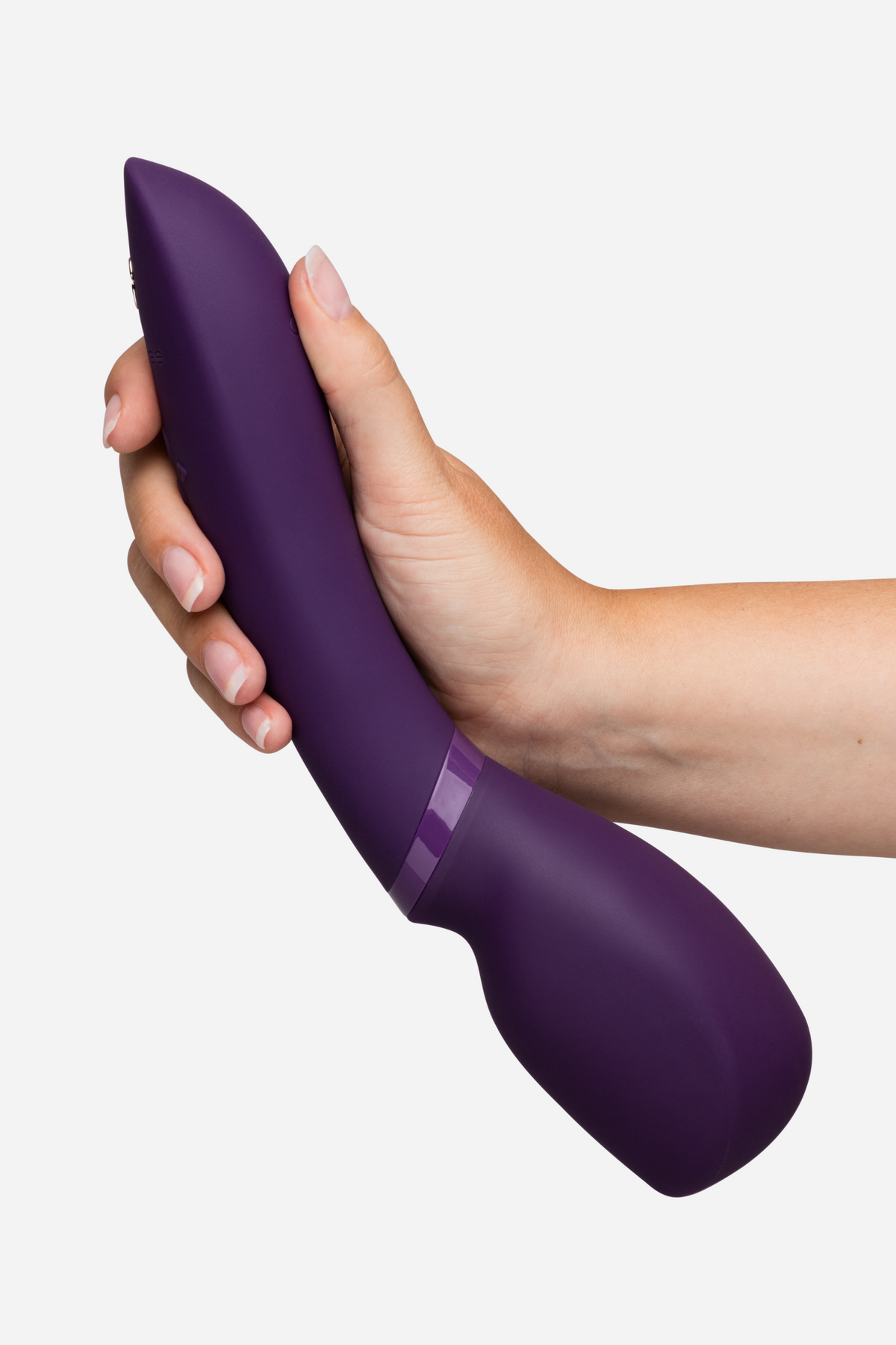 Hand holding the purple We-Vibe Wand 2 by its handle, showing the flexible neck and rounded vibrating head of this cordless wand vibrator