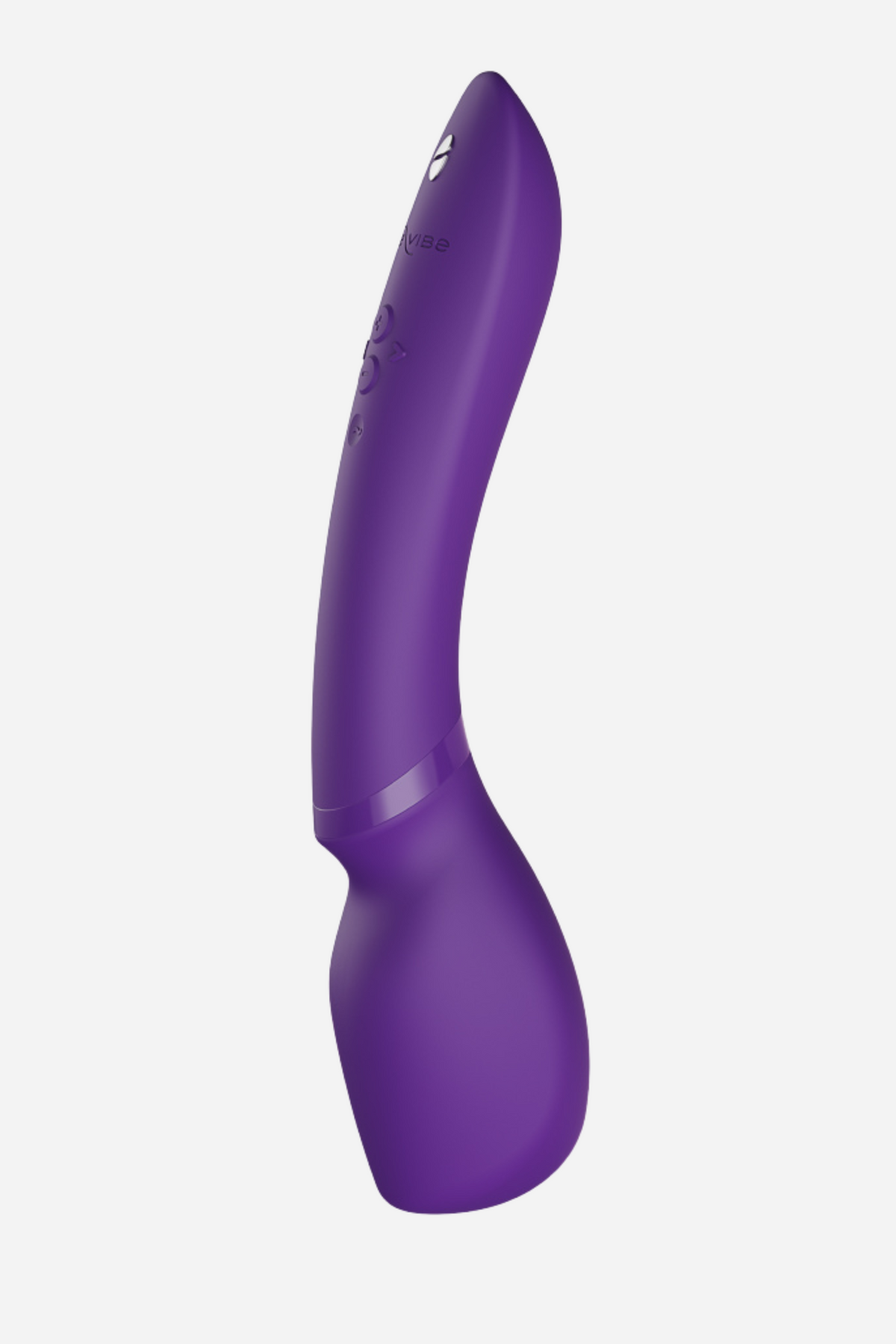 We-Vibe Wand 2 in purple standing upright, showing its curved flexible neck, broad vibrating head and control buttons, on light grey