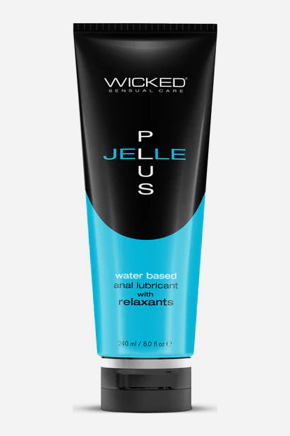 Tall slim black and turquoise tube of Wicked Jelle Plus water based anal lubricant with relaxants, shown upright on its black flip-top cap