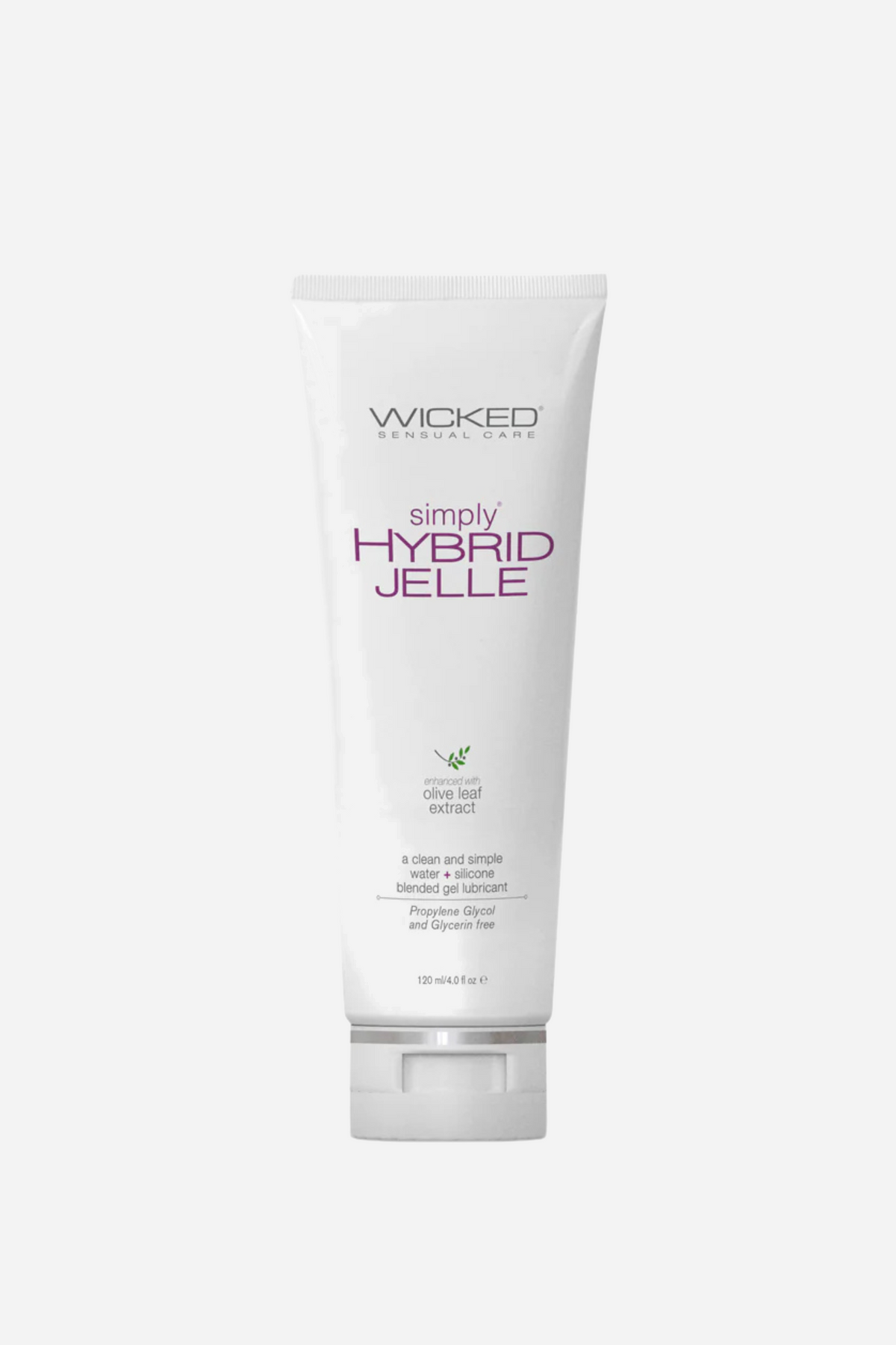 A white squeeze tube of Wicked Simply Hybrid Jelle lubricant standing on its flip cap, the brand name in pink and grey, on a plain grey backdrop.